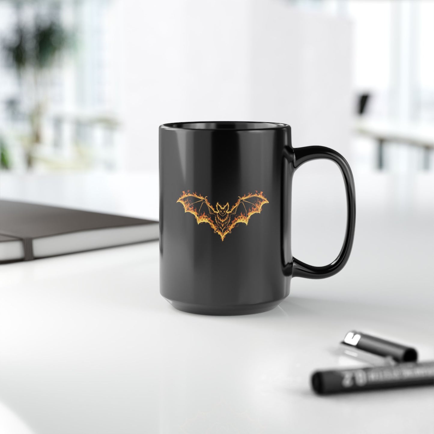 Flaming Bat Mug - Gothic Fire Bat Coffee Cup, Halloween Bat Mug, Spooky Gothic Horror Gift, Vampire Aesthetic Mug, 11oz and 15oz Black