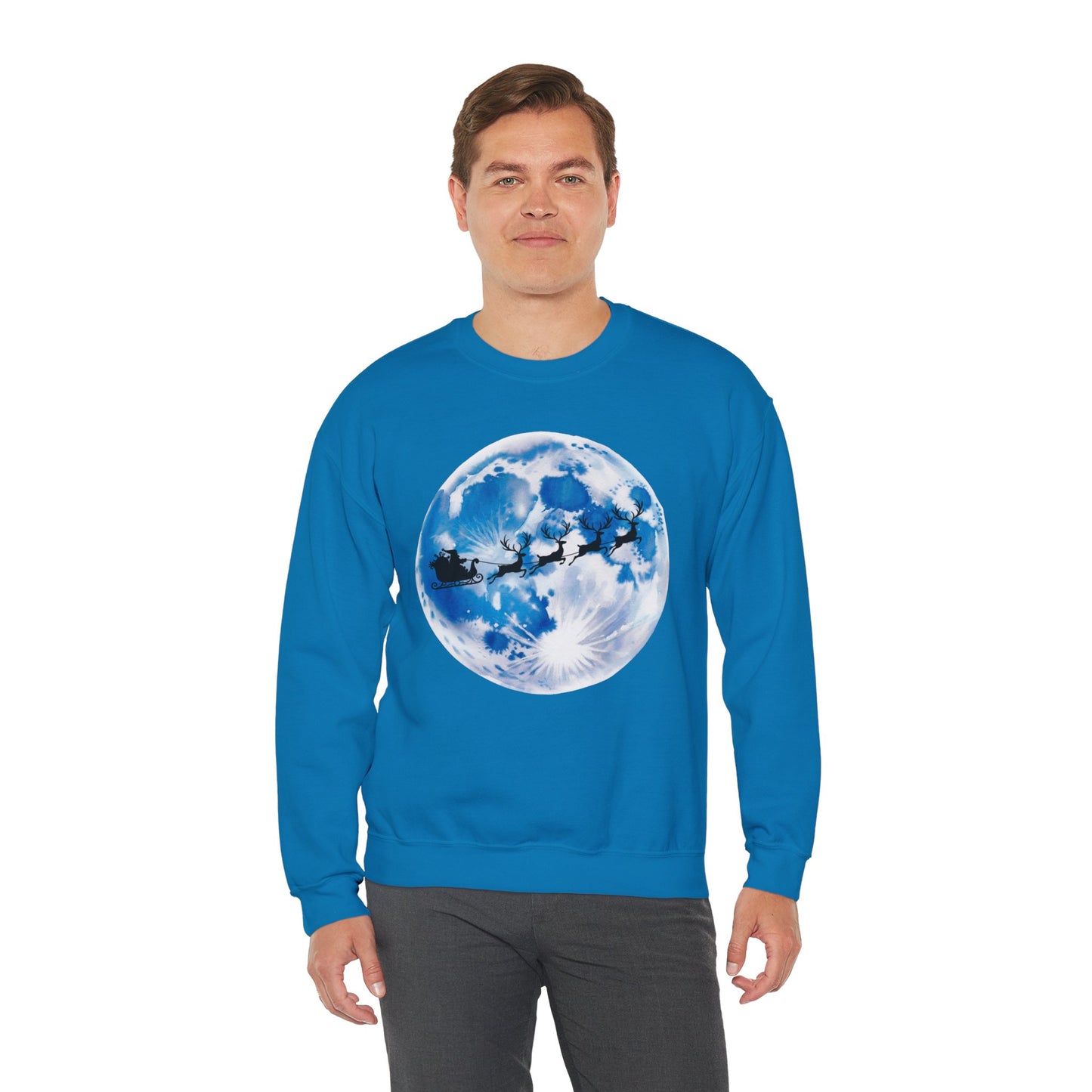 Santa And Reindeer Full Moon Christmas Sweatshirt, Holiday Night Sky Sweater, Cozy Unisex Crewneck, Festive Gift For Christmas Lovers