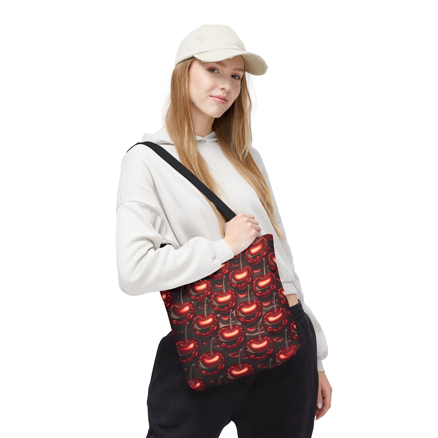 Glossy Cherry Pattern Canvas Tote Bag – Retro Black & Red Cherry Print, Coquette Cottagecore Aesthetic Shopper Tote, Fruit Lover Gift