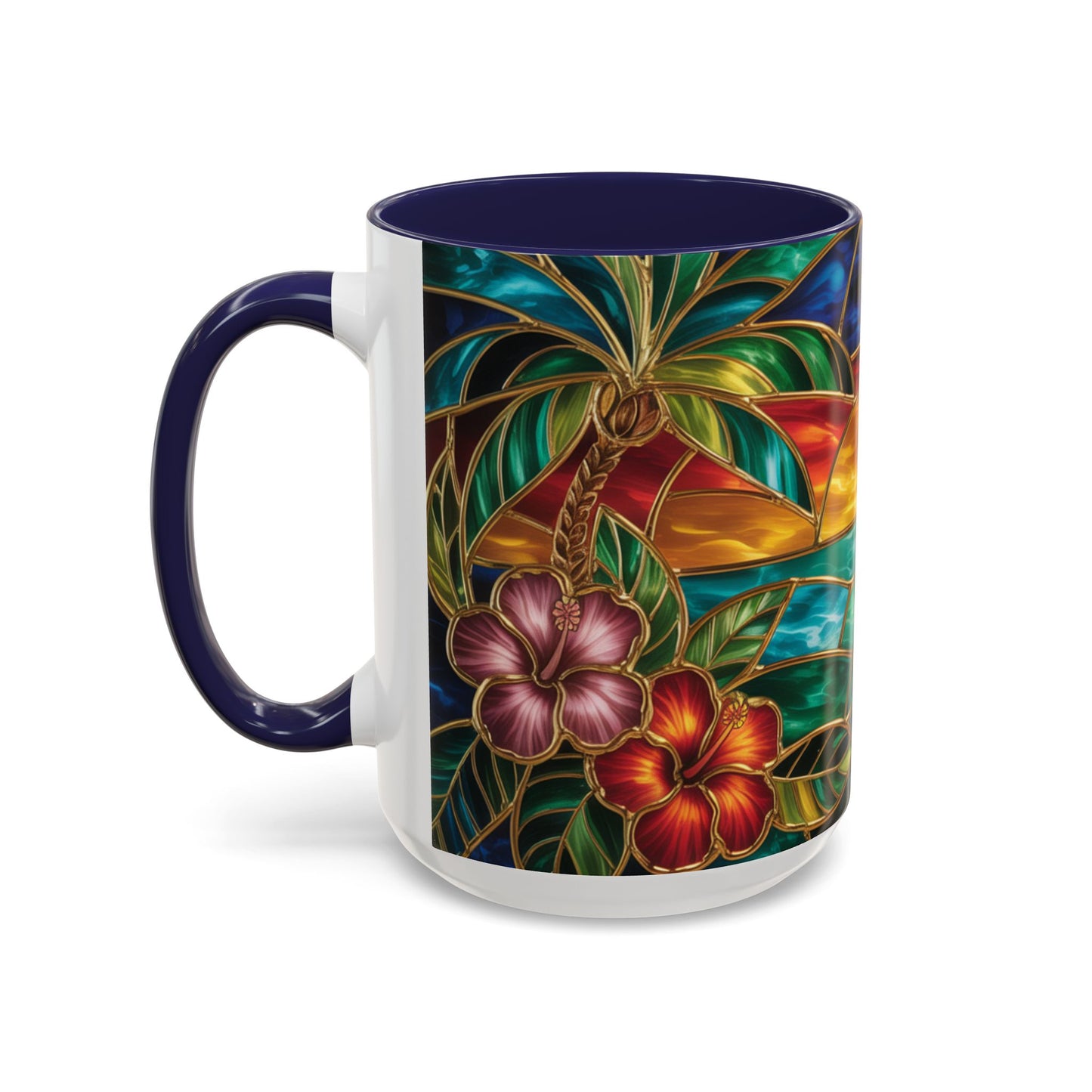 Stained Glass Tropical Sunset Mug, Hibiscus Flower Coffee Cup, Beach Lover Gift, Colorful Palm Tree Mug, Coastal Art Drinkware, Summer Cup