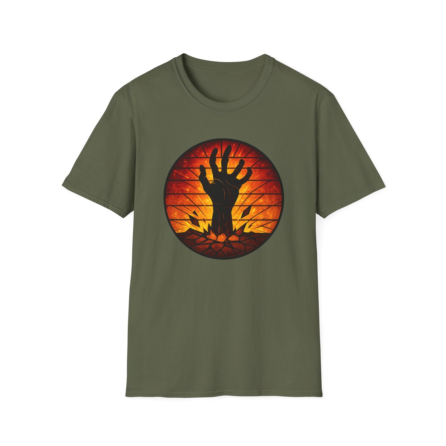 Zombie Hand Sunset T-Shirt – Stained Glass Horror Shirt, Halloween Gothic Tee, Undead Rising Art Tee, Creepy Spooky Shirt for Fall