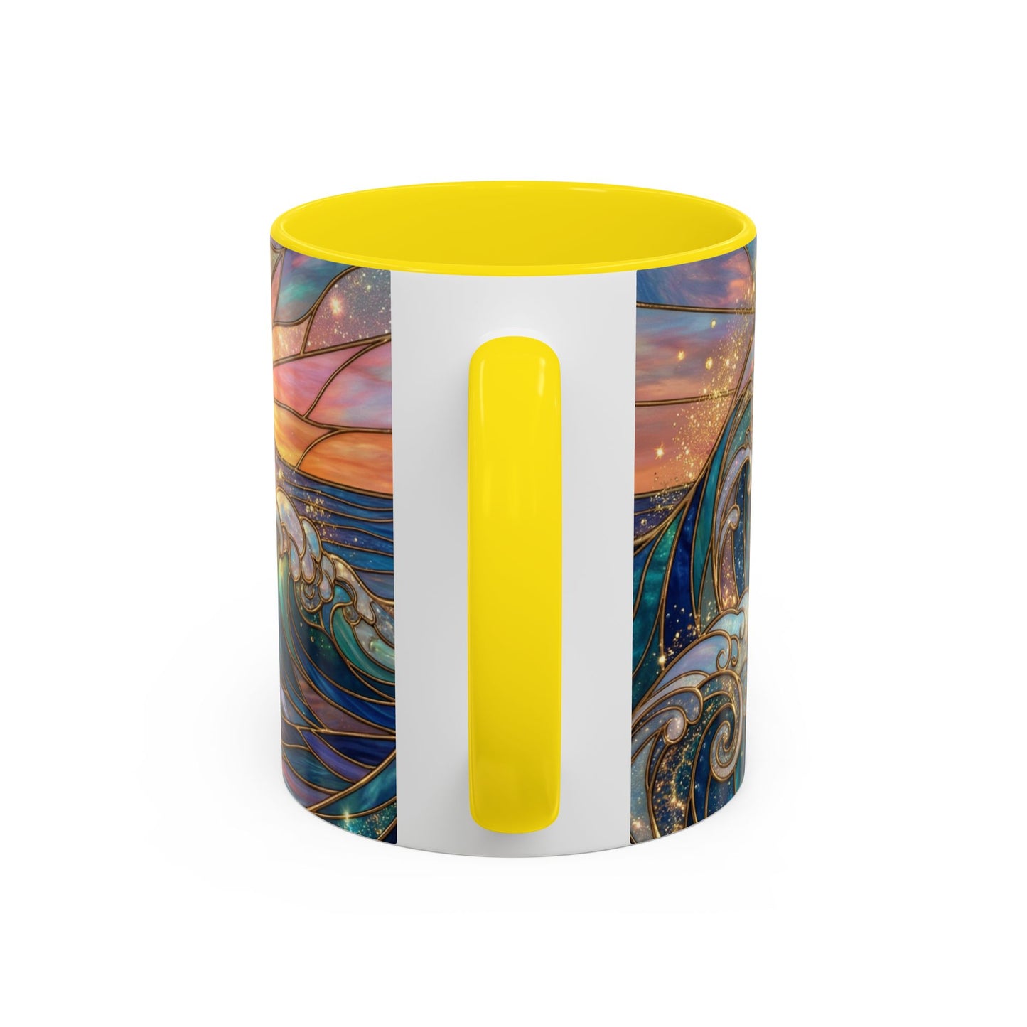 Stained Glass Ocean Wave Mug, Sunrise Beach Coffee Cup, Japanese Art Gift, Coastal Decor Kitchen, Mosaic Sea Tea Cup, Blue Gold Nature Lover