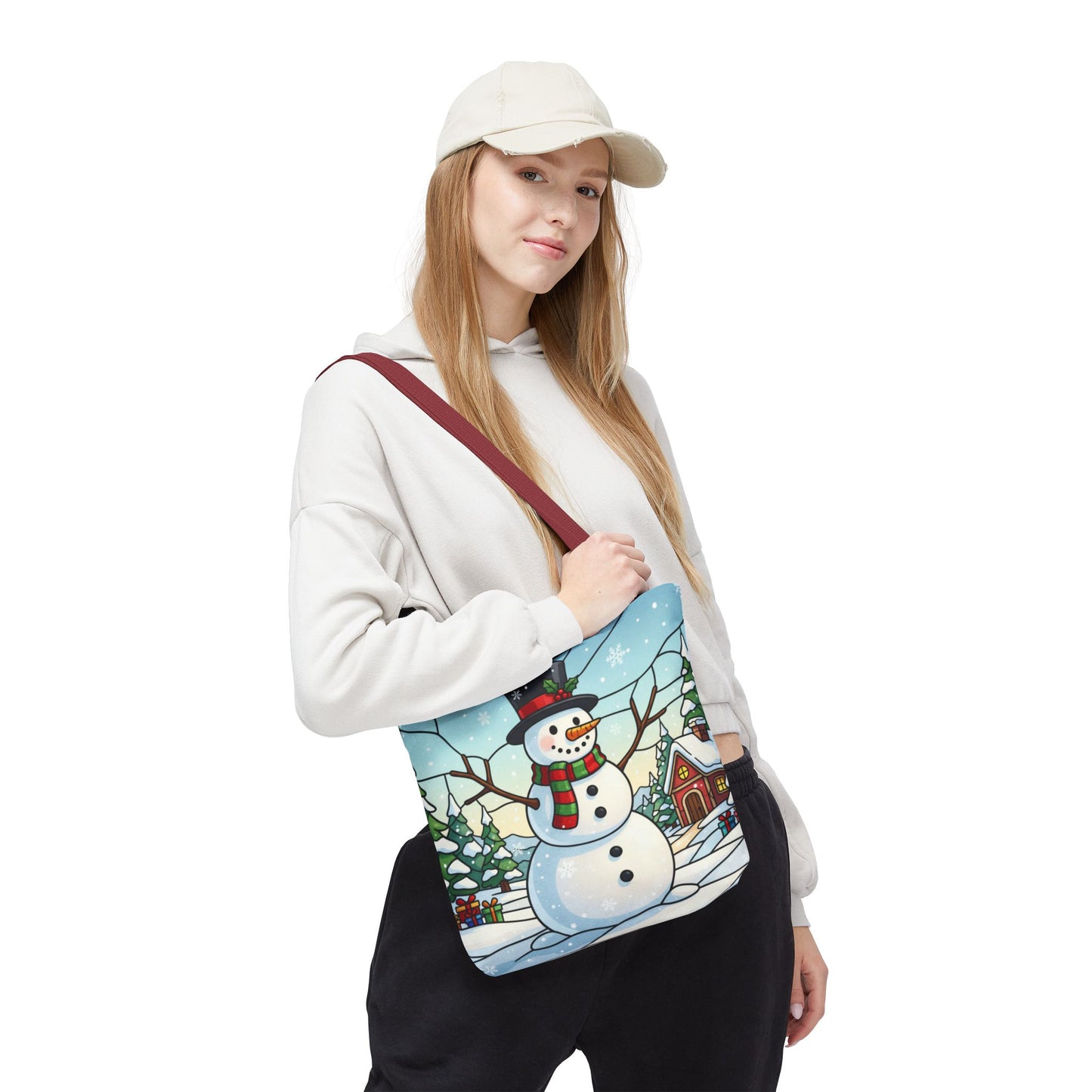 Stained Glass Snowman Christmas Tote Bag, Holiday Art Tote, Festive Winter Gift Bag, Colorful Christmas Scene Reusable Shopping Bag