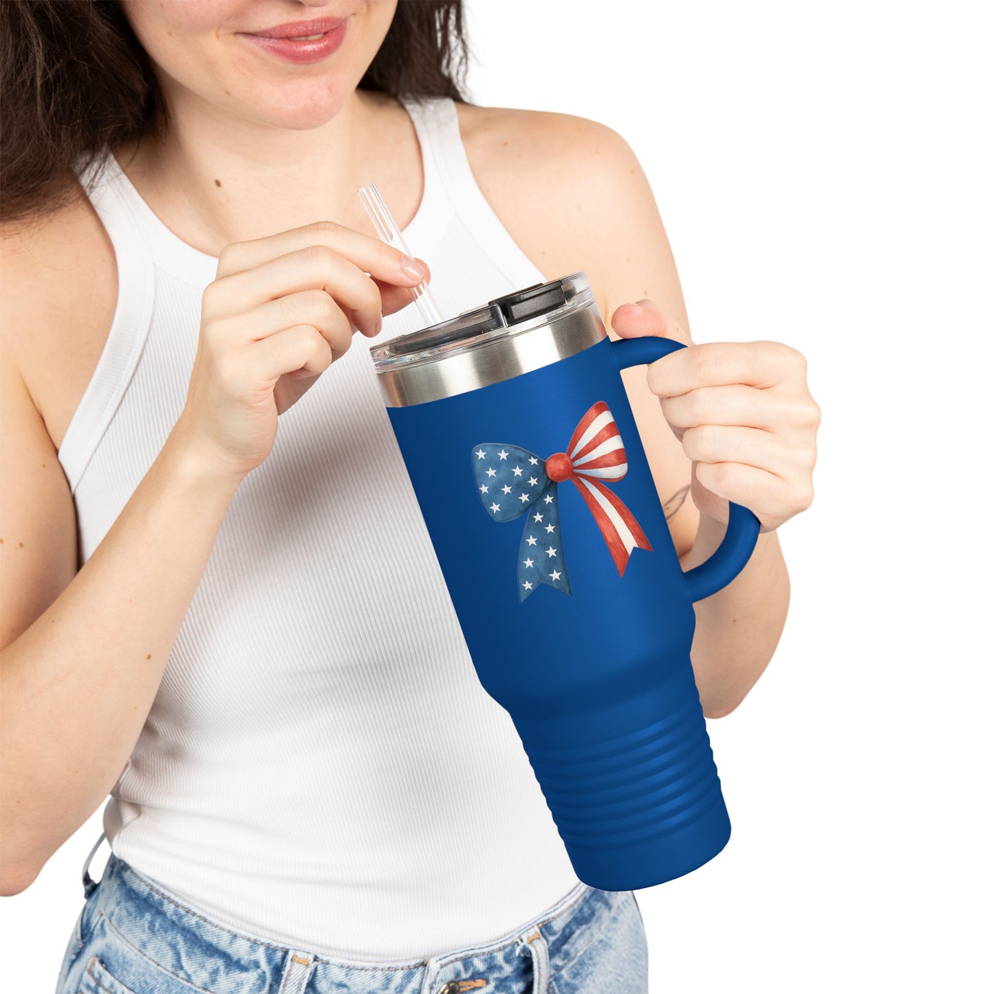 Patriotic Bow Travel Mug | 4th of July Tumbler with Straw | USA Flag Coffee Tumbler | Stars Stripes Mug | Independence Day Gift | USA Drinkware