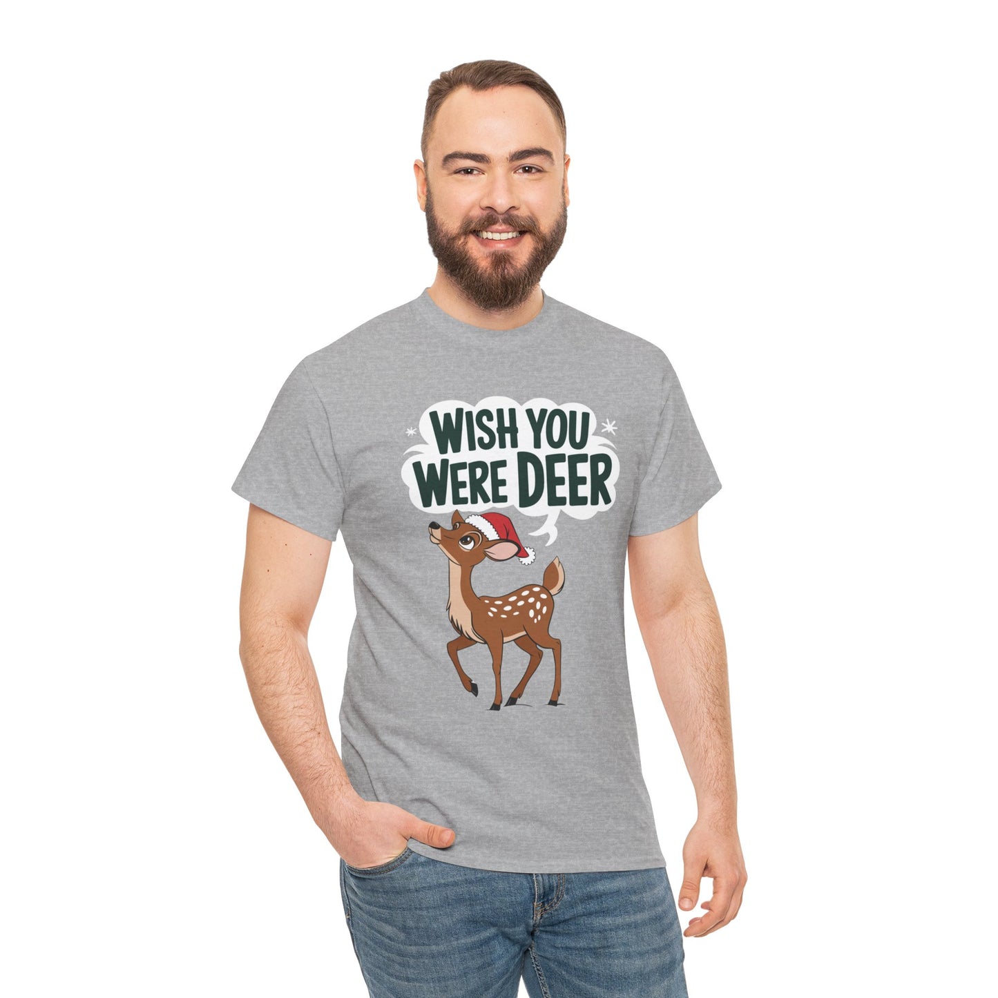 Wish You Were Deer Funny Christmas T-Shirt, Cute Reindeer Holiday Tee, Pun Christmas Shirt, Festive Santa Hat Deer Graphic Tee Gift