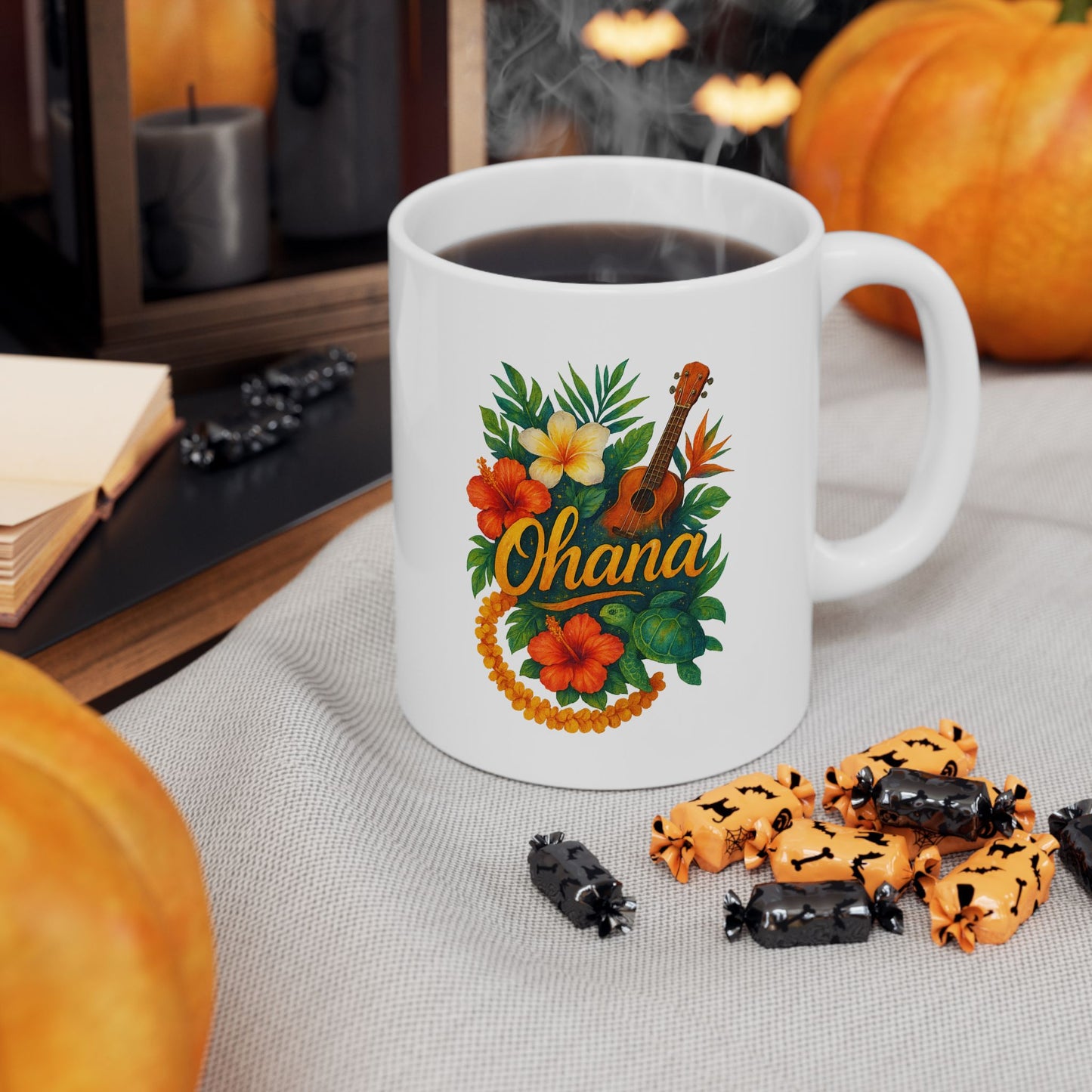 Ohana Hawaiian Mug - Tropical Coffee Cup with Ukulele & Hibiscus Flowers - Island Gift for Family, Friends, or Beach Lovers
