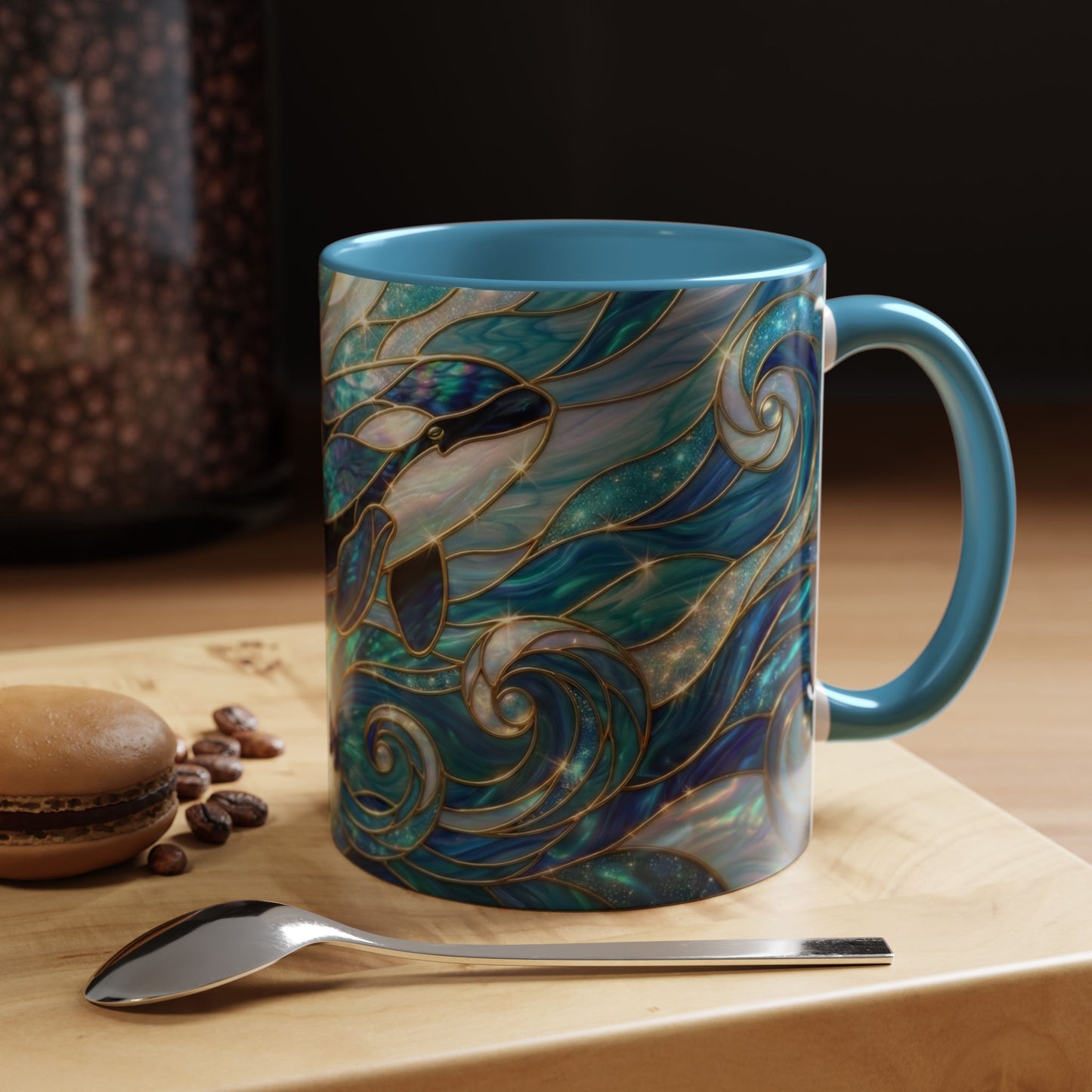 Orca Whale Coffee Mug, Ocean Art Mug, Stained Glass Whale Design, Marine Life Gift, Ceramic Coffee Cup, 11oz 15oz Waves Mug, Coastal Decor