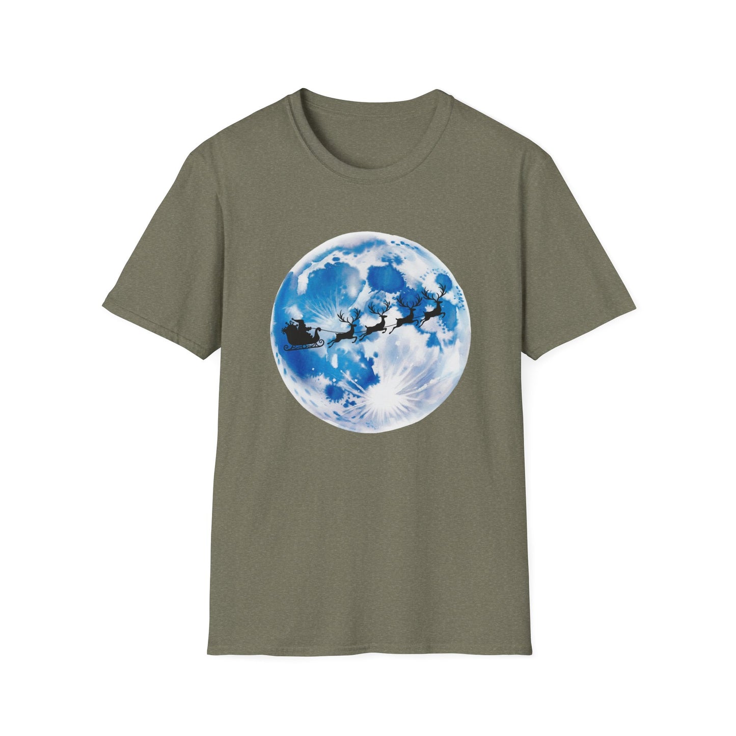 Santa Moon Christmas T-Shirt, Reindeer Sleigh Christmas Tee, Holiday Moonlight Xmas Shirt, Festive Christmas Graphic Tee, Winter Night Christmas Gift Tee