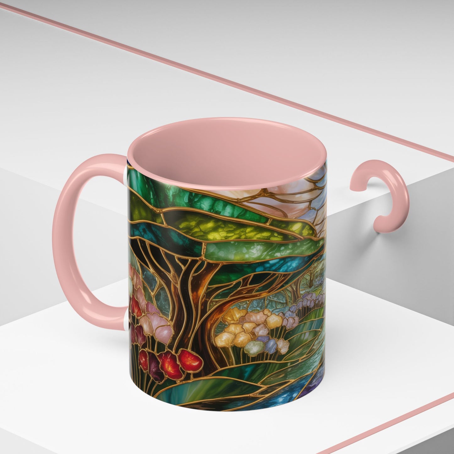 Stained Glass Woodland Forest Mug, Tree & Flowers Coffee Cup, Nature Lover Gift, Artistic Woodland Art Mug, Rustic Home Decor Mug