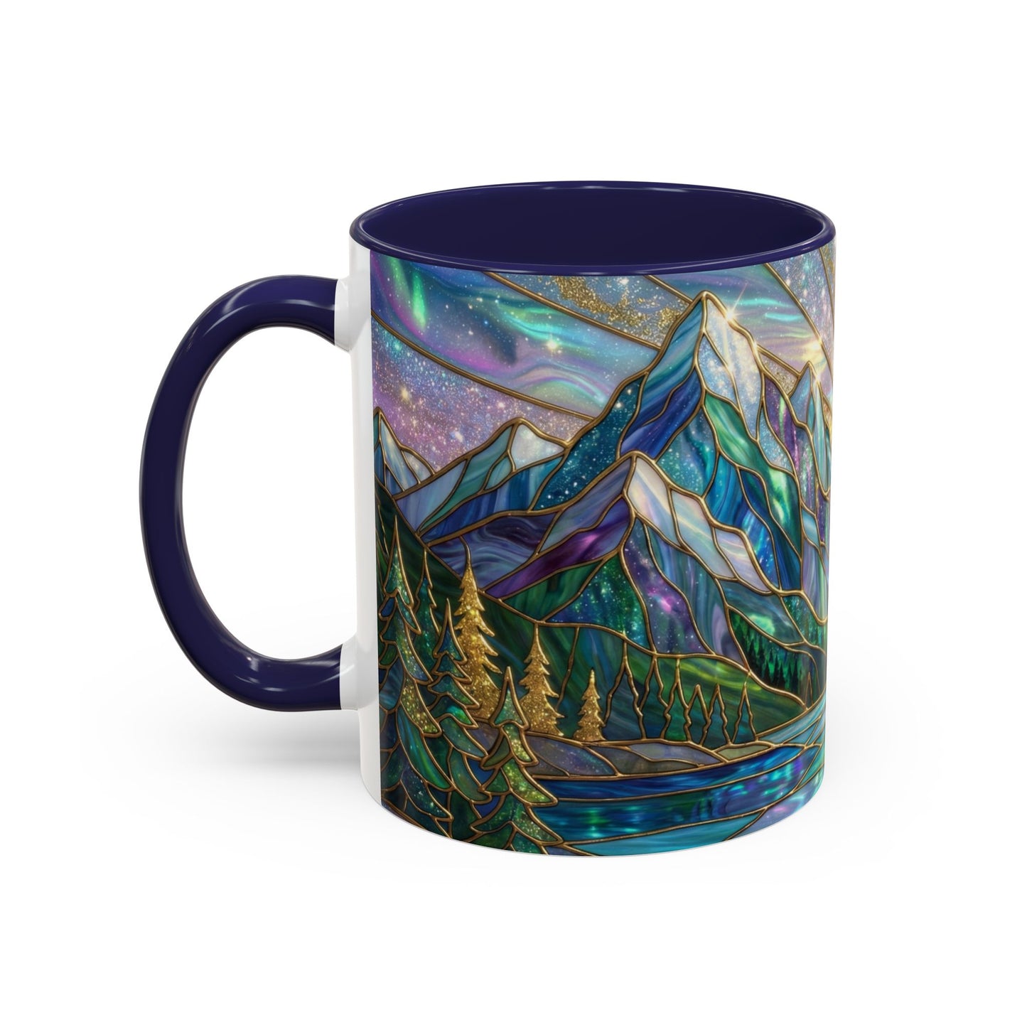 Stained Glass Mountain Mug, Mountain Landscape Coffee Cup, Galaxy Sky Nature Ceramic Mug, Sunrise River Forest Art, 11oz 15oz Gift