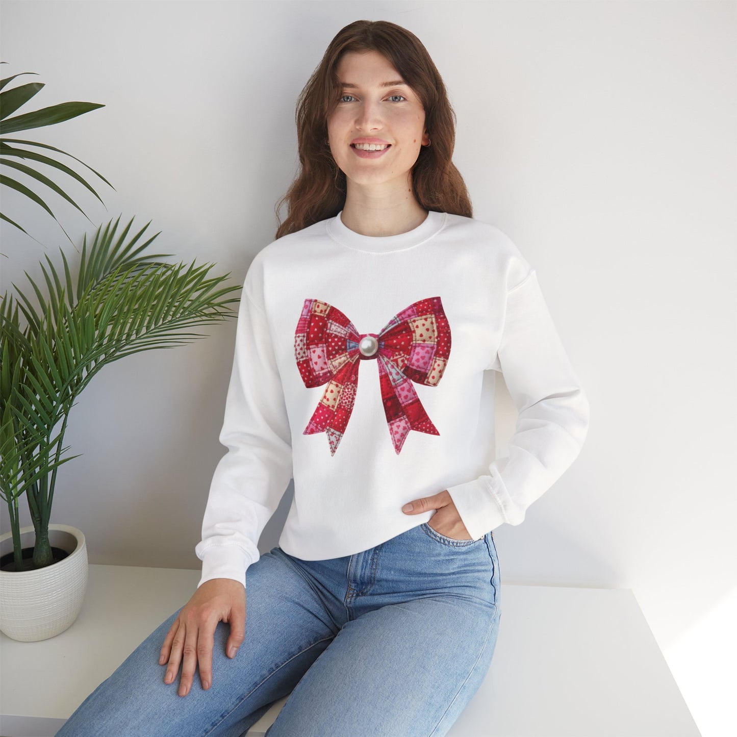 Faux Patchwork Bow Sweatshirt, Quilted Look Bow Crewneck, Pearl Bow Pullover, Cozy Coquette Sweatshirt, Girly Valentine Gift