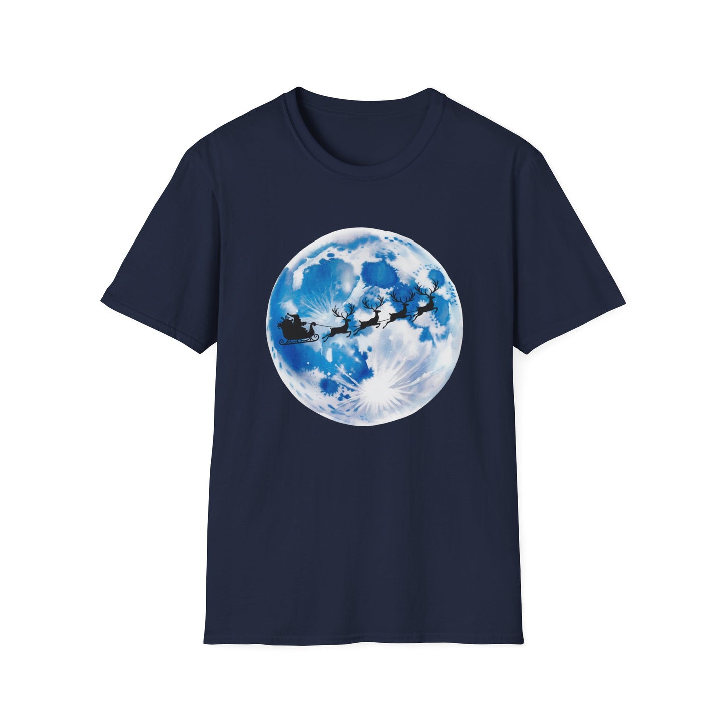 Santa Moon Christmas T-Shirt, Reindeer Sleigh Christmas Tee, Holiday Moonlight Xmas Shirt, Festive Christmas Graphic Tee, Winter Night Christmas Gift Tee