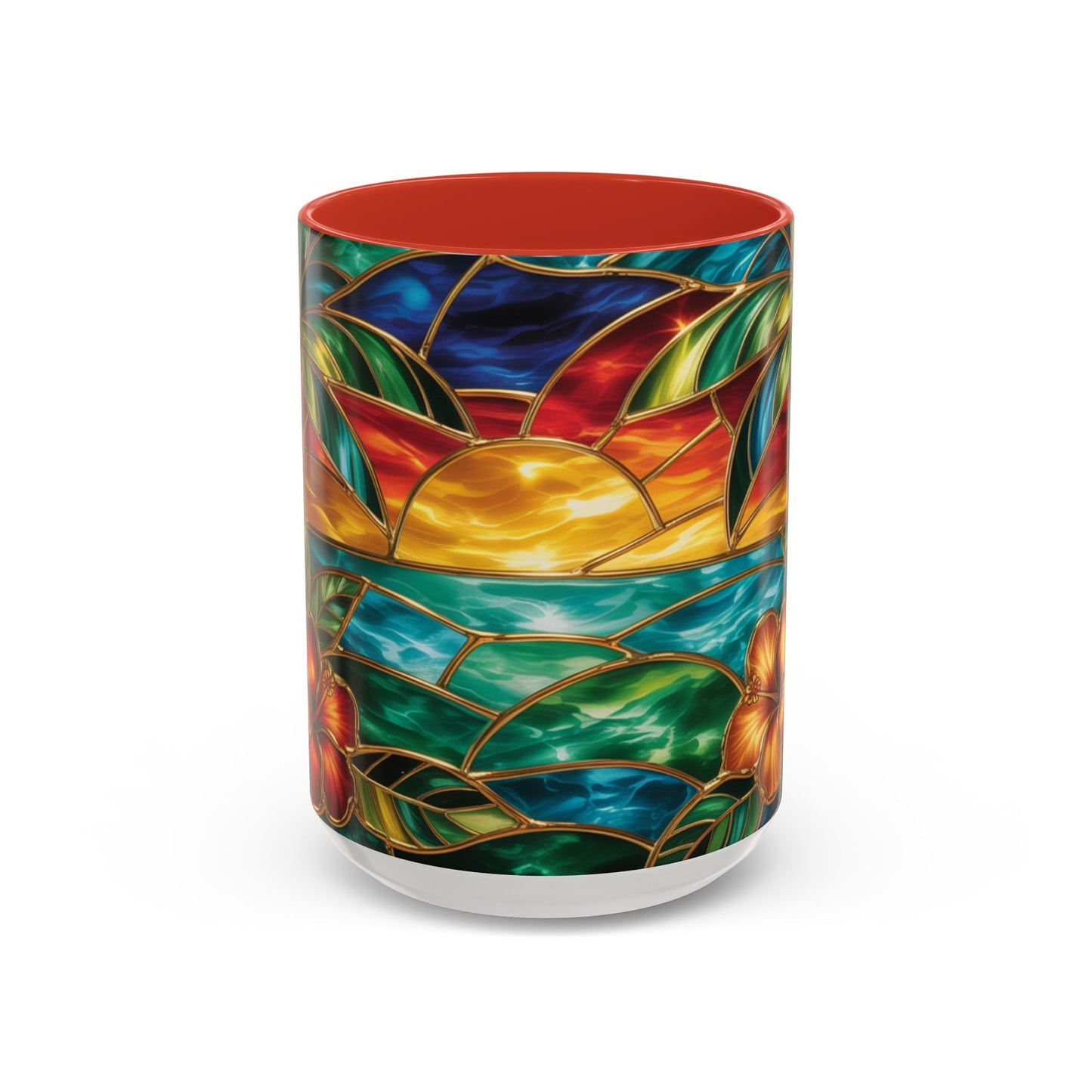Stained Glass Tropical Sunset Mug, Hibiscus Flower Coffee Cup, Beach Lover Gift, Colorful Palm Tree Mug, Coastal Art Drinkware, Summer Cup