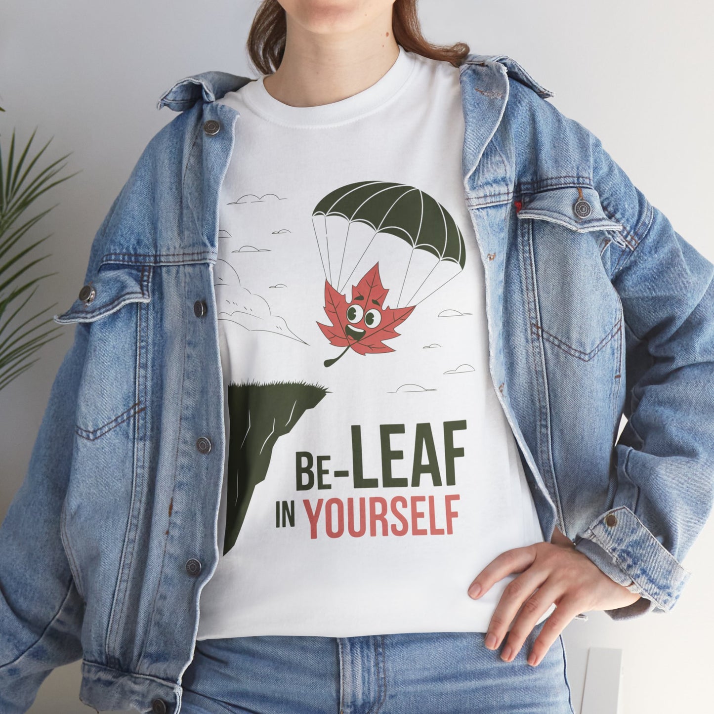 Be-Leaf In Yourself Maple Leaf Parachute T-Shirt | Funny Motivational Nature Graphic Tee | Self-Love Fall Autumn Shirt | Outdoorsy Gift