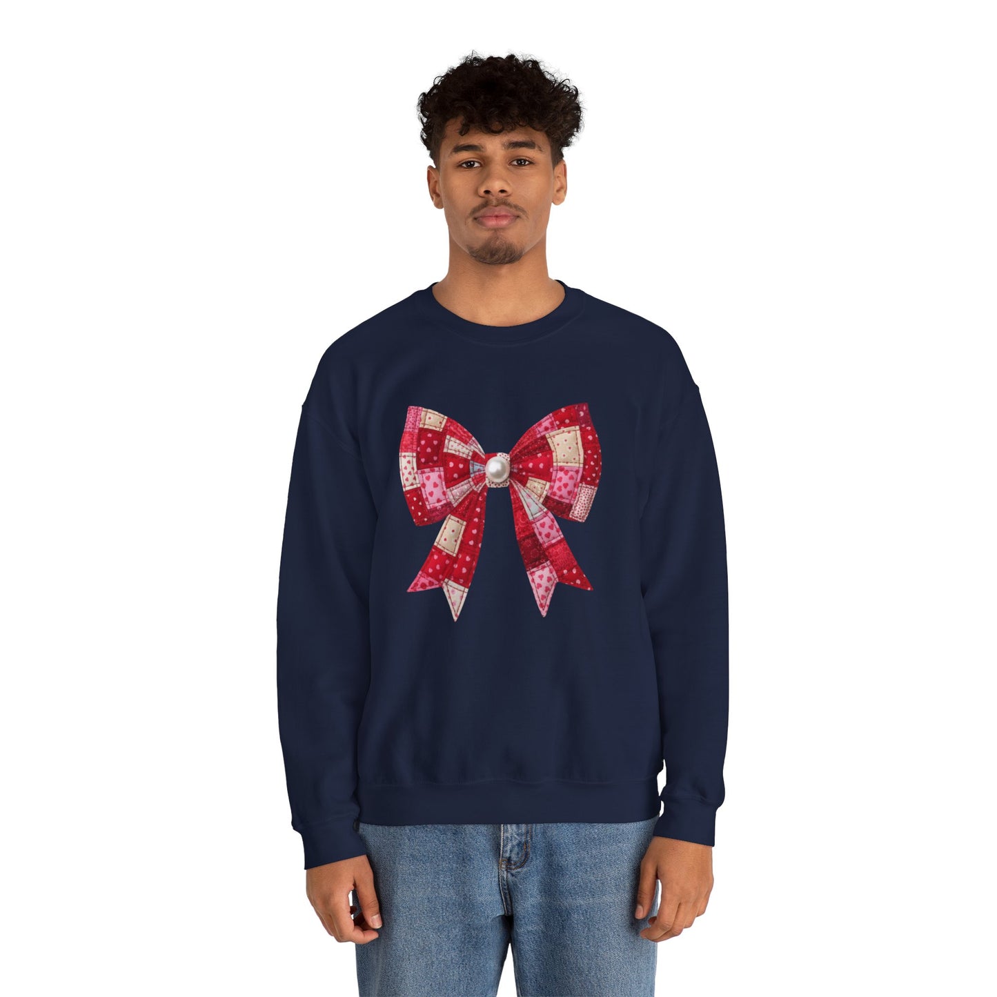 Faux Patchwork Bow Sweatshirt, Quilted Look Bow Crewneck, Pearl Center Bow Pullover, Cozy Coquette Sweatshirt, Girly Gift