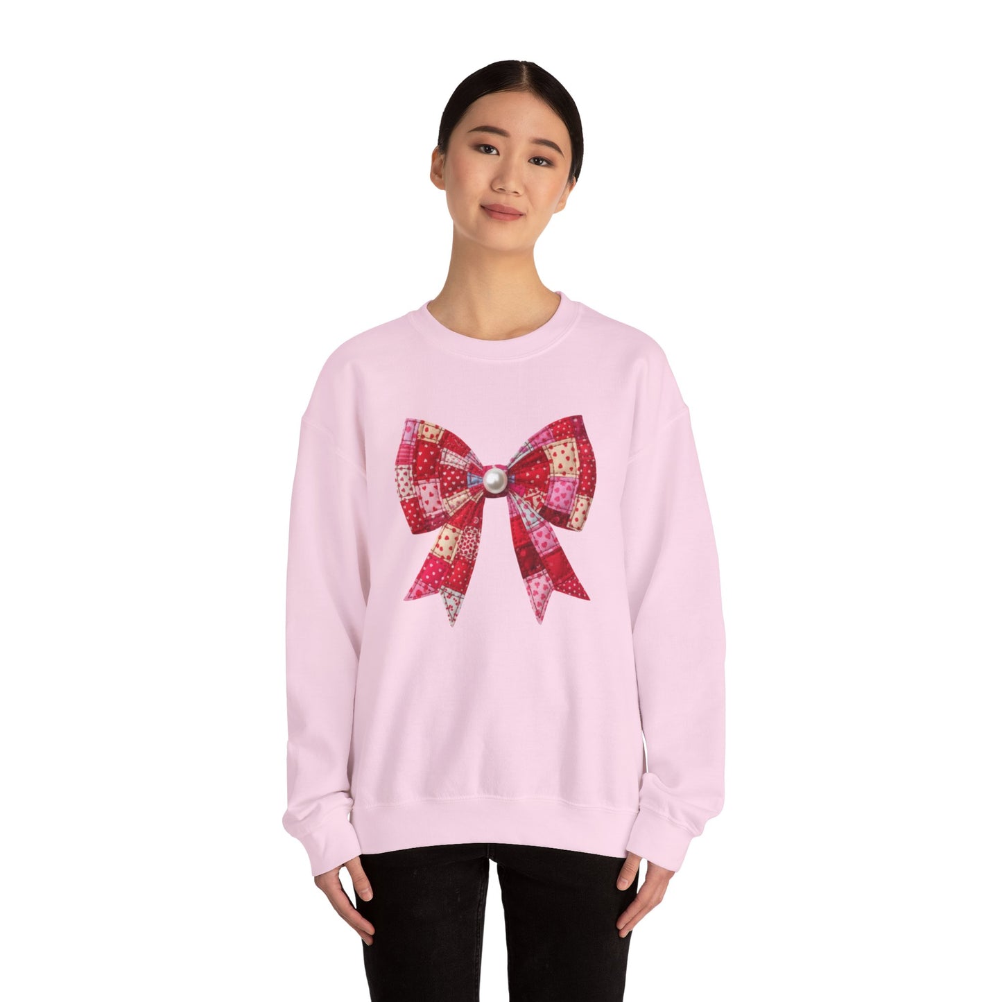 Faux Patchwork Bow Sweatshirt, Quilted Look Bow Crewneck, Pearl Bow Pullover, Cozy Coquette Sweatshirt, Girly Valentine Gift