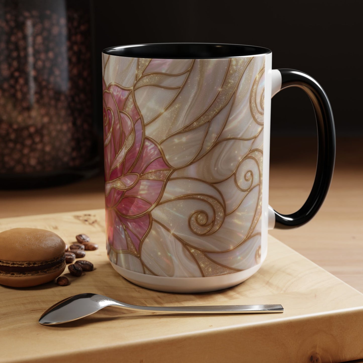 Pink Rose Stained Glass Mug, Gold Floral Coffee Cup, Romantic Flower Tea Cup, Gardener Gift For Mom, Botanical Art, Wife Birthday Gift