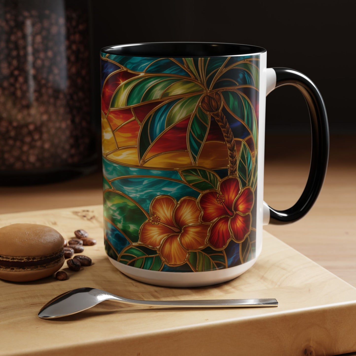 Stained Glass Tropical Sunset Mug, Hibiscus Flower Coffee Cup, Beach Lover Gift, Colorful Palm Tree Mug, Coastal Art Drinkware, Summer Cup