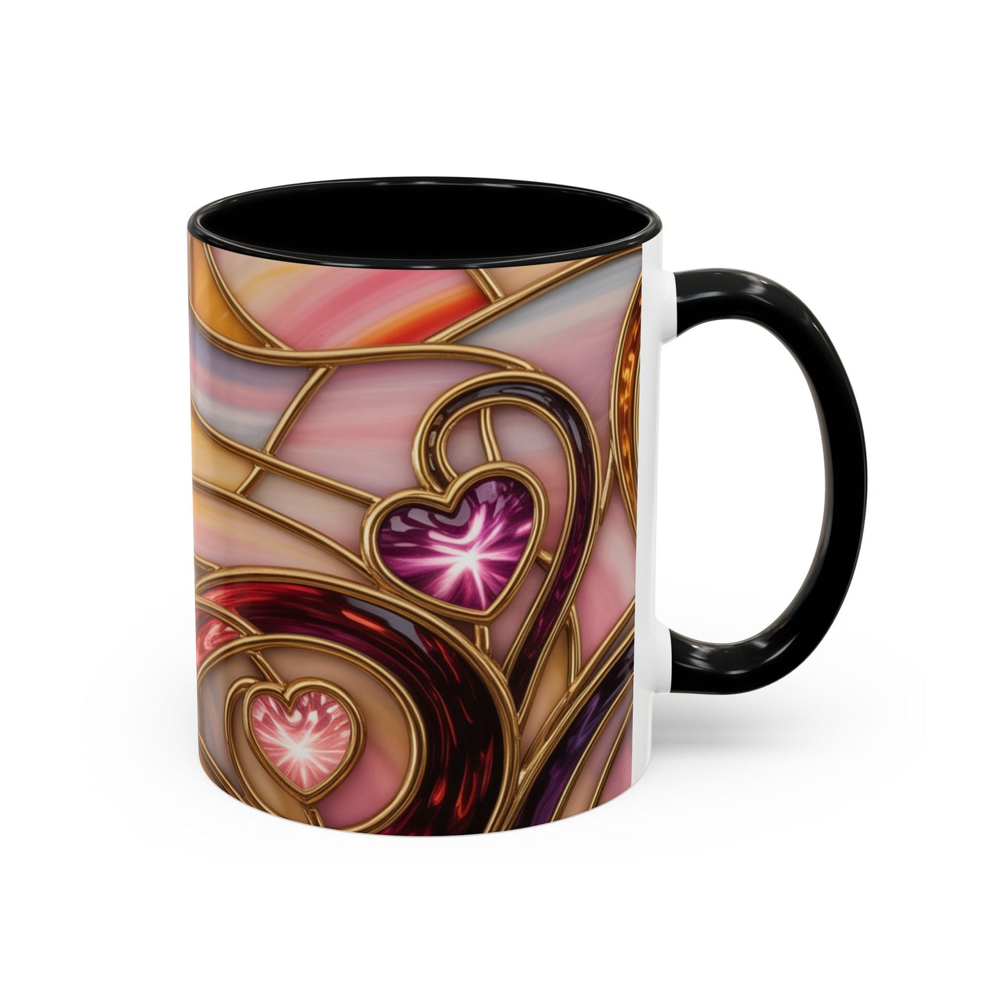 Stained Glass Heart Mug, Romantic Love Coffee Cup, Pink Red Gold Glass Style Mug, Valentine Gift For Her, Anniversary Wedding Decor