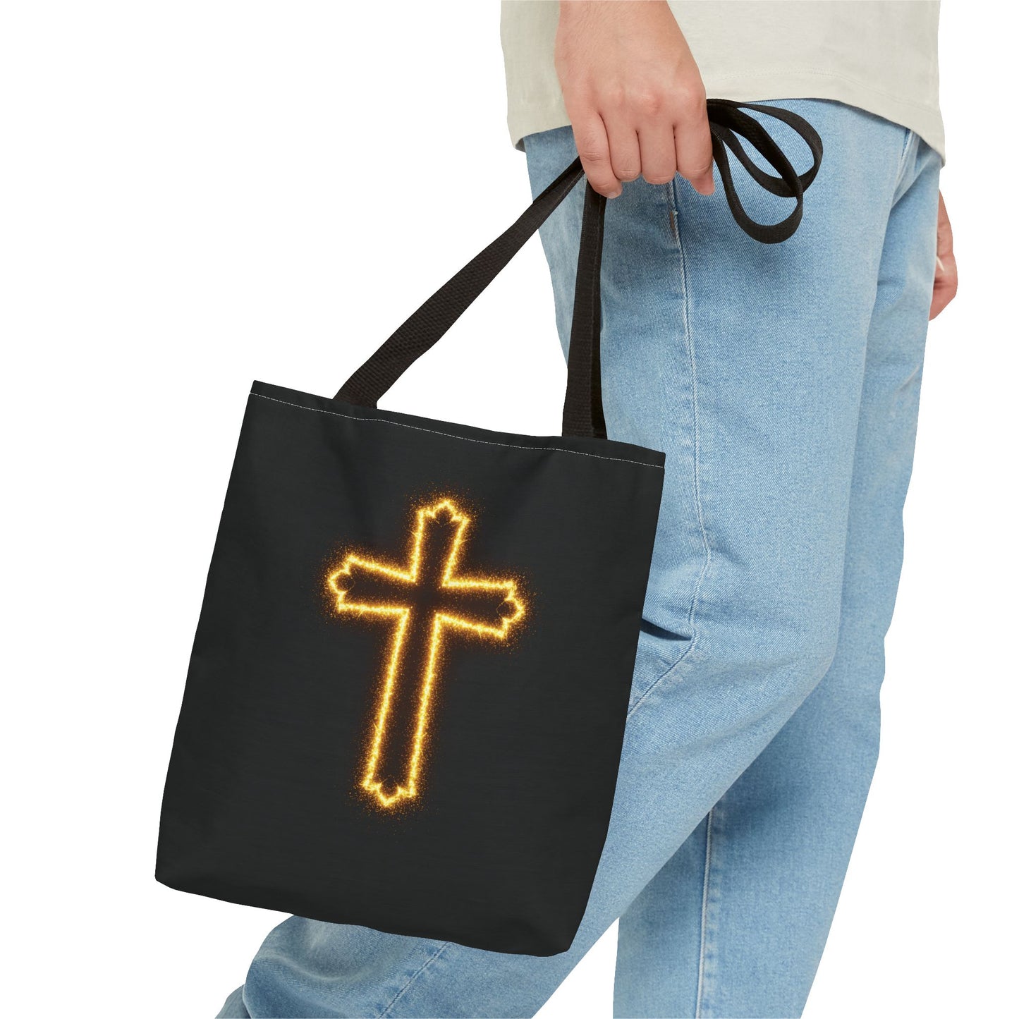 Christian Cross Tote Bag | Glowing Light Faith Bag | Inspirational Religious Gift | Black Canvas Tote | Spiritual Reusable Shopper