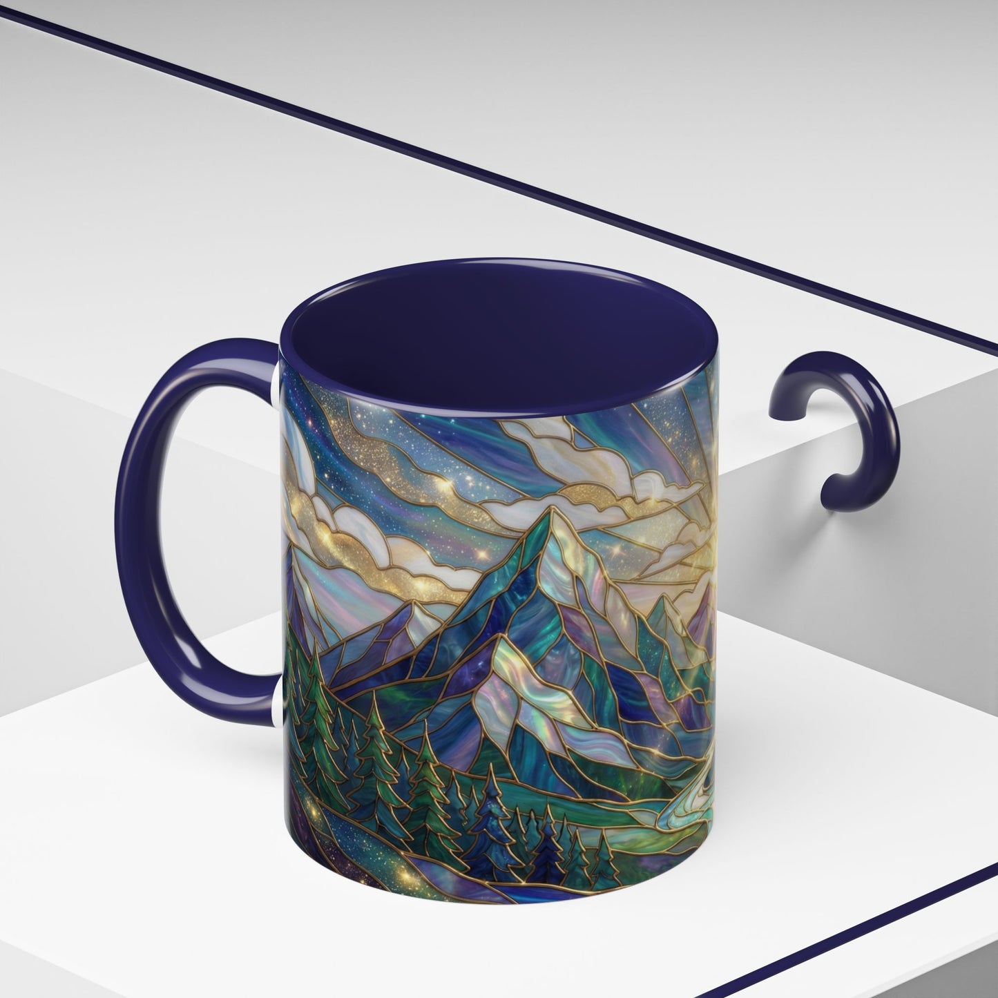 Mountain Art Mug, Scenic Mountain Coffee Cup, Nature Lover Ceramic Mug, Stained Glass Style Landscape, 11oz 15oz Gift, Outdoor Hiking Mug, Unique Coffee Tea Cup