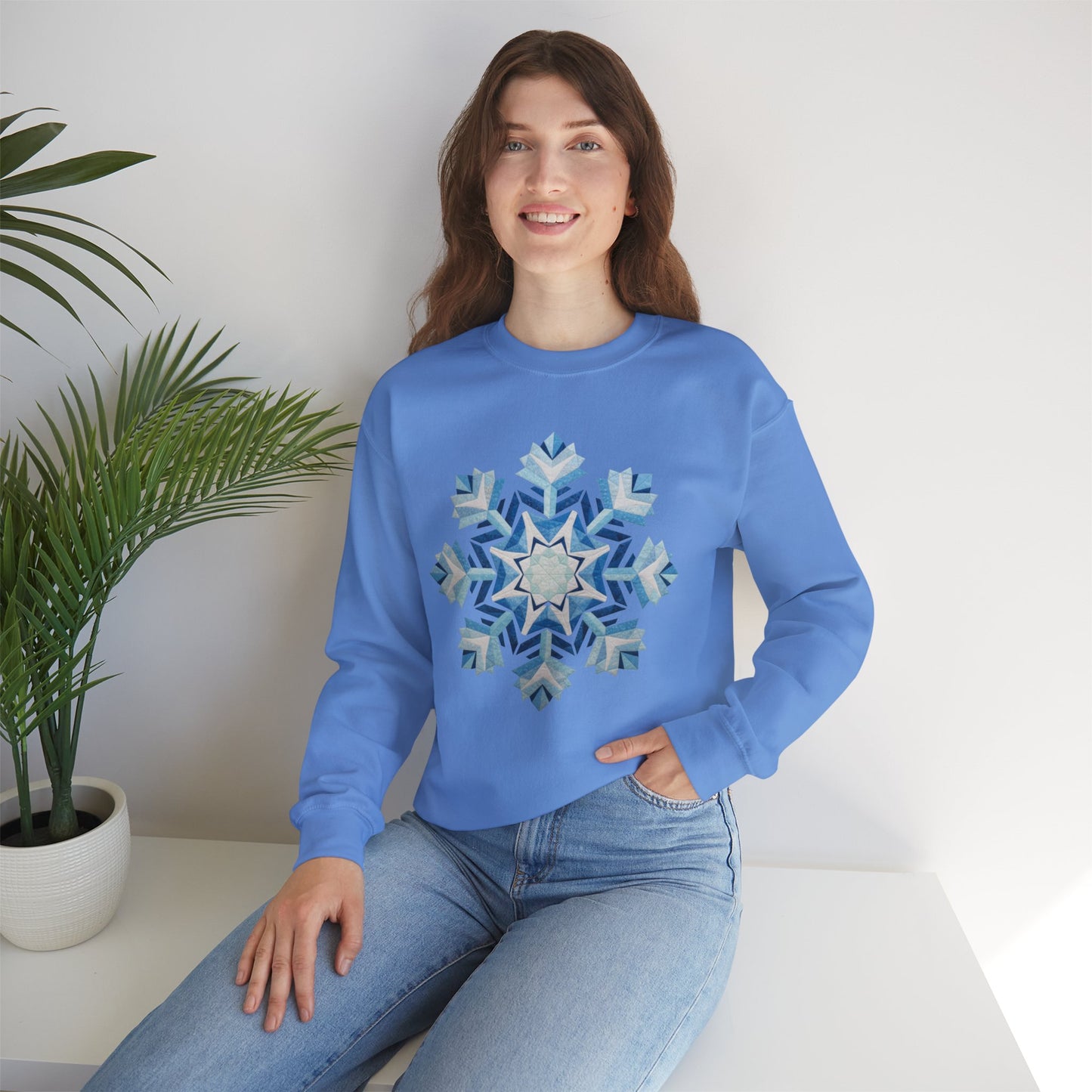Faux Patchwork Snowflake Sweatshirt, Winter Snowflake Crewneck Unisex, Cozy Holiday Patchwork Sweatshirt, Nordic Snowflake Winter Pullover
