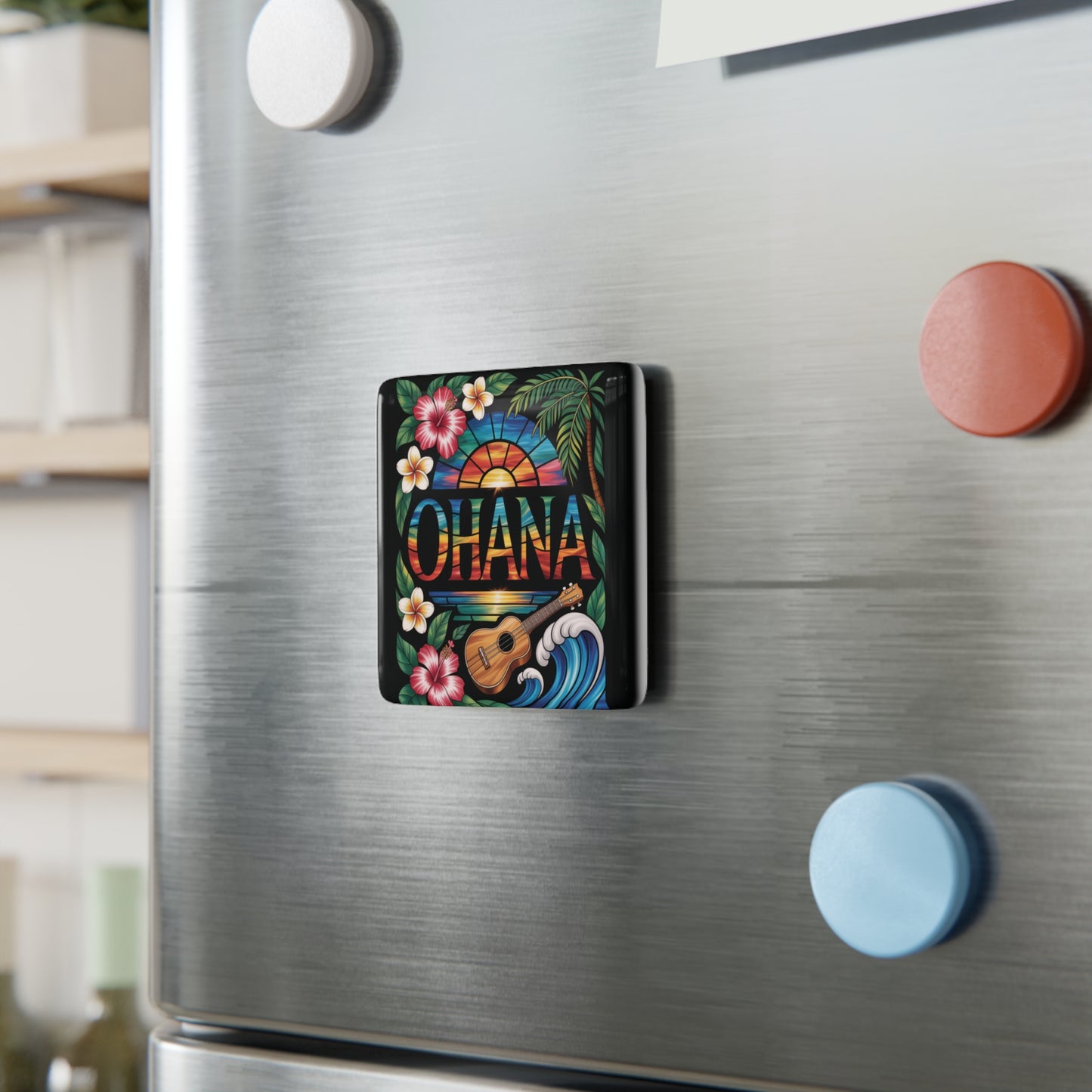 Ohana Hawaiian Porcelain Magnet - Tropical Sunset, Ukulele & Hibiscus Fridge Decor, Hawaii Gift, Family Keepsake, Aloha Kitchen Accessory