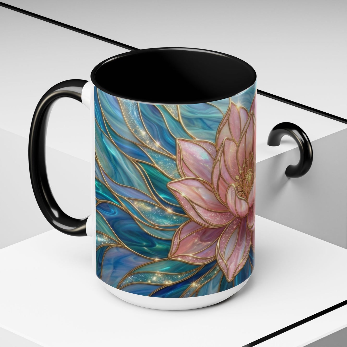 Pink Lotus Flower Mug, Stained Glass Style Coffee Cup, Spiritual Zen Gift For Women, Yoga Lover Tea Mug, Meditation Boho Floral Drinkware