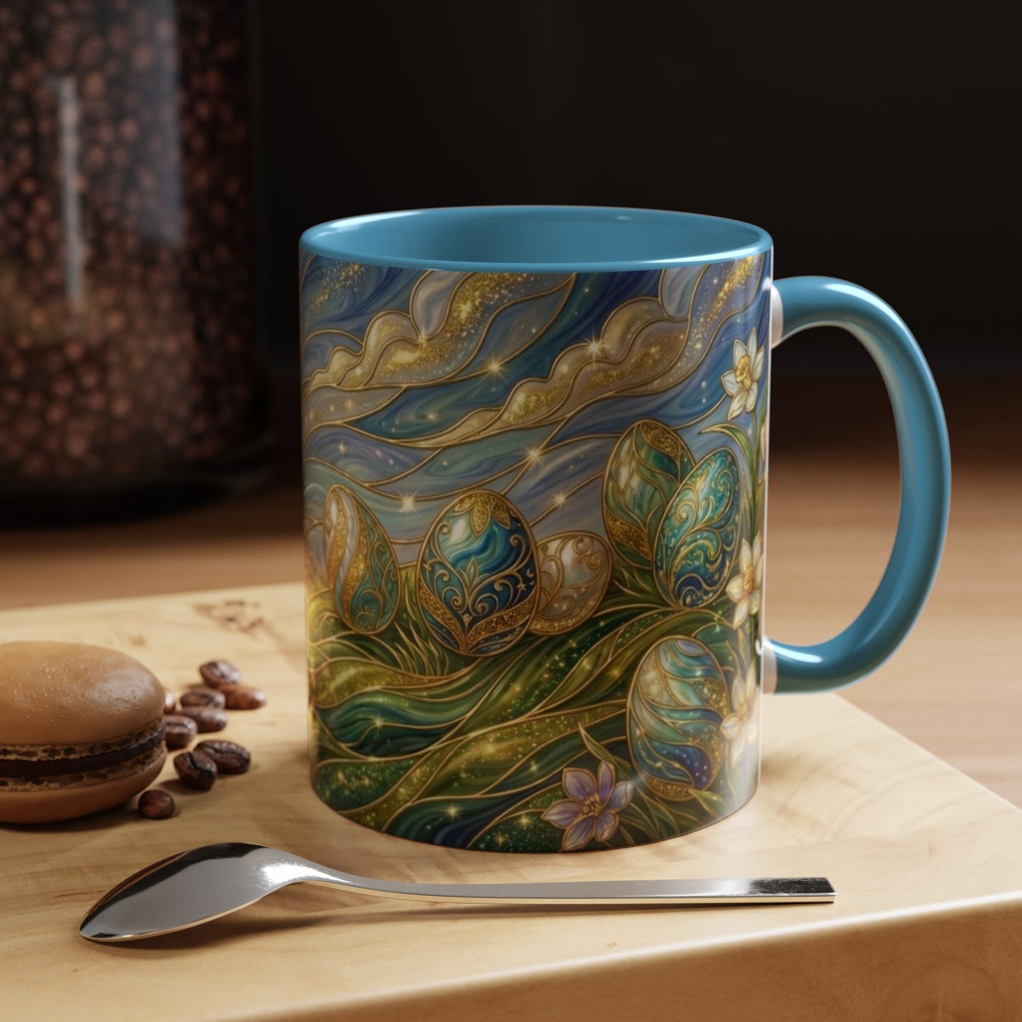 Stained Glass Easter Egg Mug, Magical Spring Floral Coffee Cup, Art Nouveau Fantasy Teacup, Elegant Celestial Starry Sky Mug Gift Idea