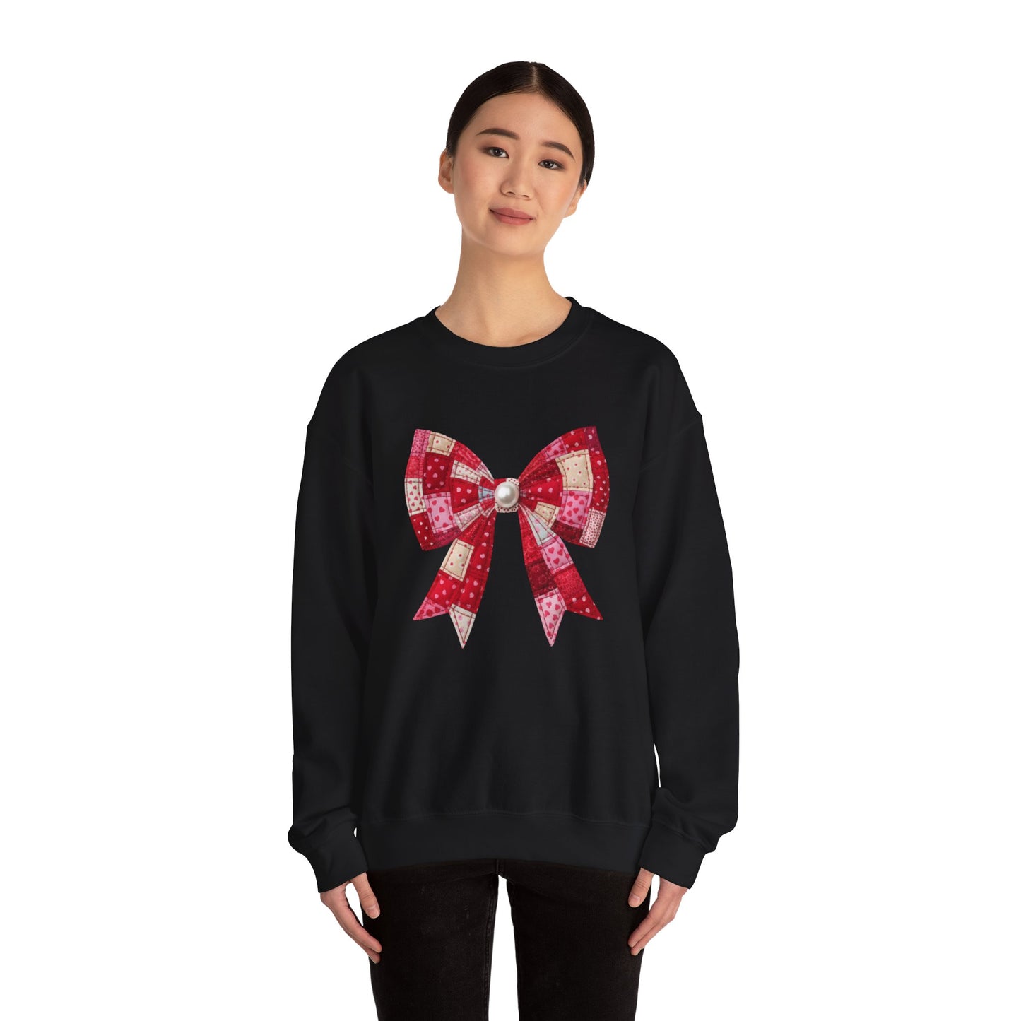 Faux Patchwork Bow Sweatshirt, Quilted Look Bow Crewneck, Pearl Center Bow Pullover, Cozy Coquette Sweatshirt, Girly Gift