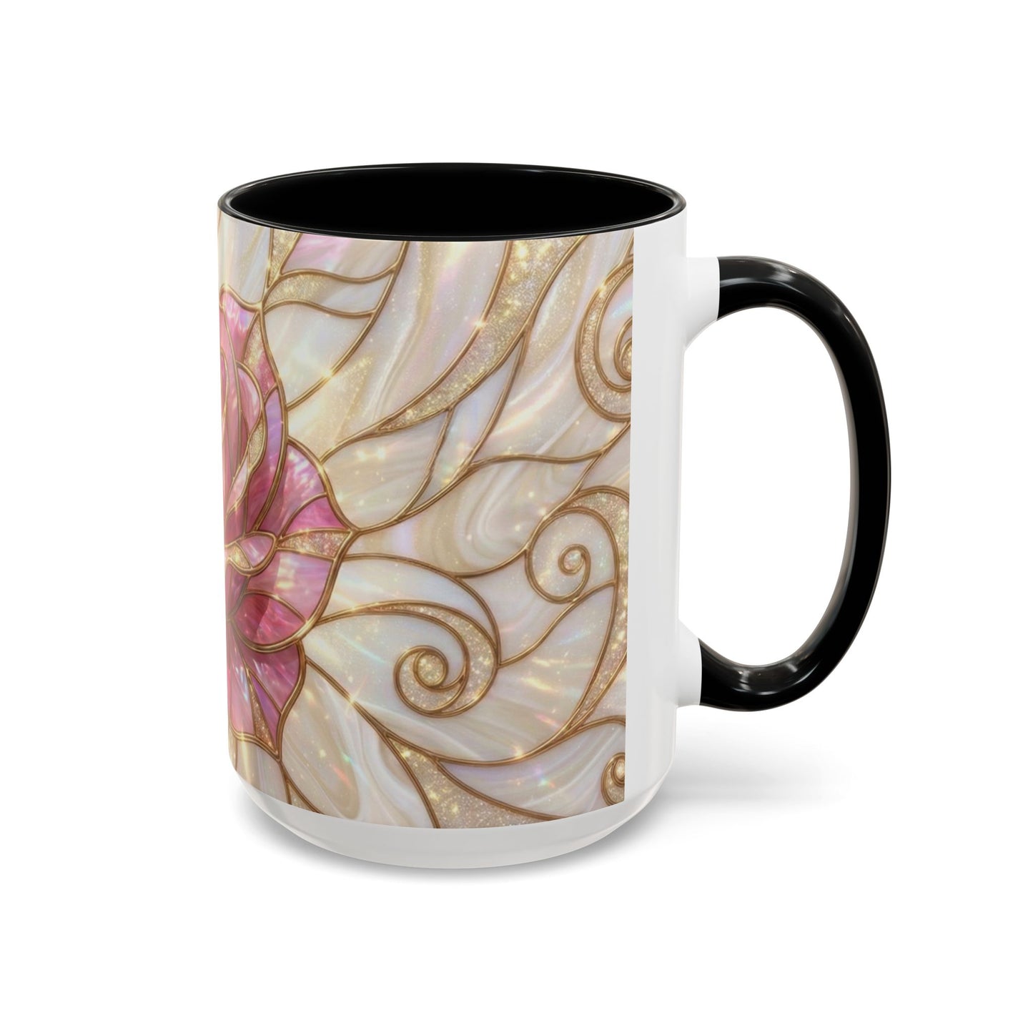Pink Rose Stained Glass Mug, Gold Floral Coffee Cup, Romantic Flower Tea Cup, Gardener Gift For Mom, Botanical Art, Wife Birthday Gift