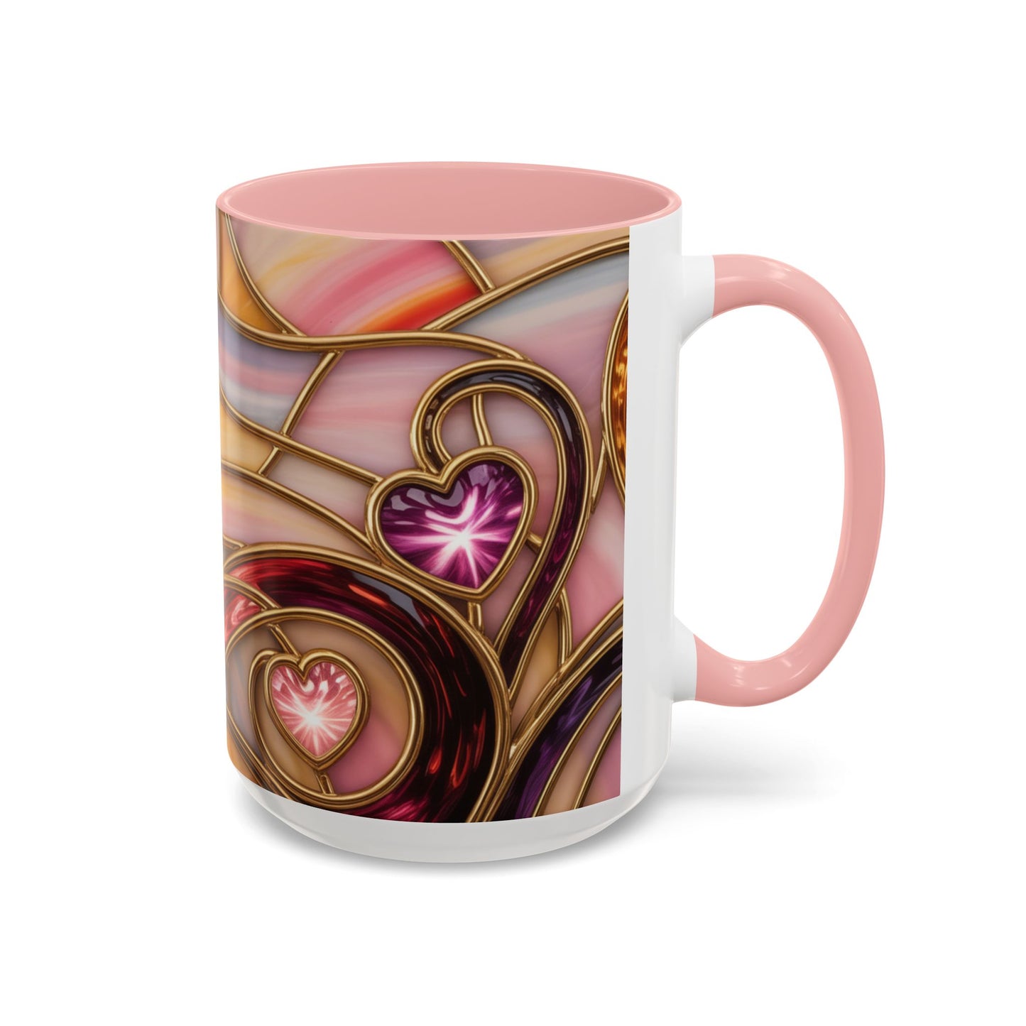 Stained Glass Heart Mug, Romantic Love Coffee Cup, Pink Red Gold Glass Style Mug, Valentine Gift For Her, Anniversary Wedding Decor