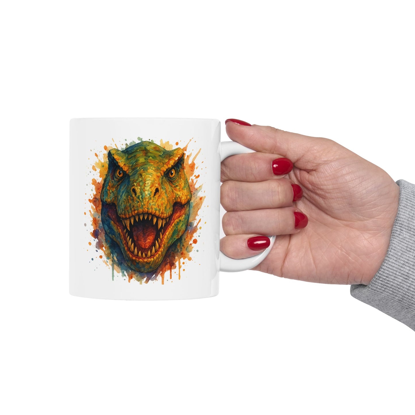 Watercolor T-Rex Mug - Ceramic Dinosaur Coffee Cup, 11oz and 15oz Tea Rex Art, Dinosaur Lover Gift, Paleontology Office Decor