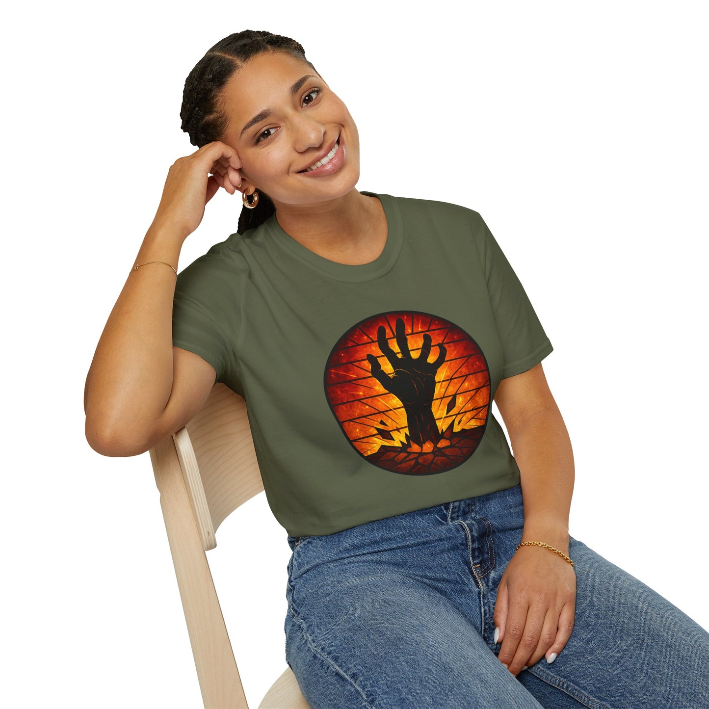 Zombie Hand Sunset T-Shirt – Stained Glass Horror Shirt, Halloween Gothic Tee, Undead Rising Art Tee, Creepy Spooky Shirt for Fall