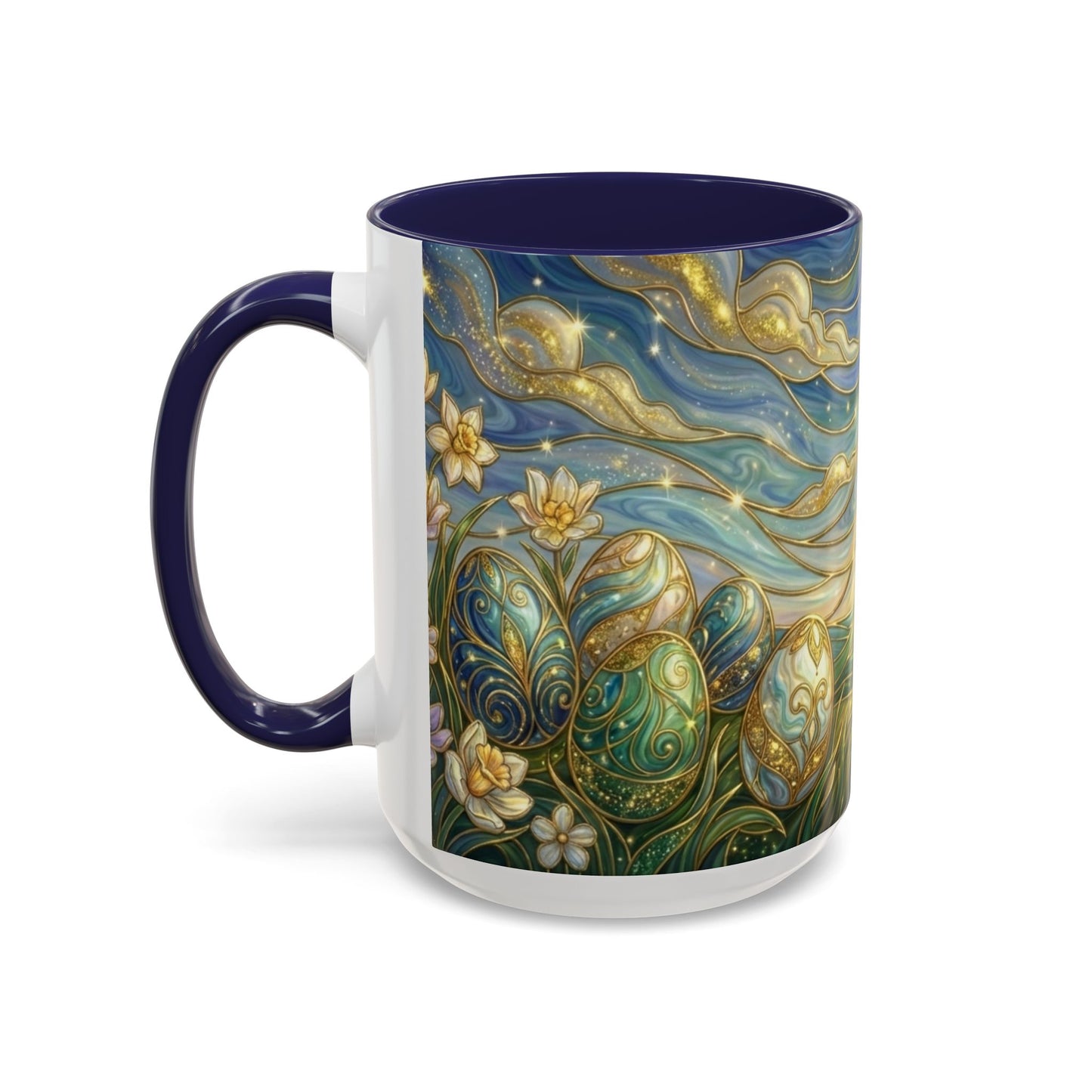 Stained Glass Easter Egg Mug, Magical Spring Floral Coffee Cup, Art Nouveau Fantasy Teacup, Elegant Celestial Starry Sky Mug Gift Idea