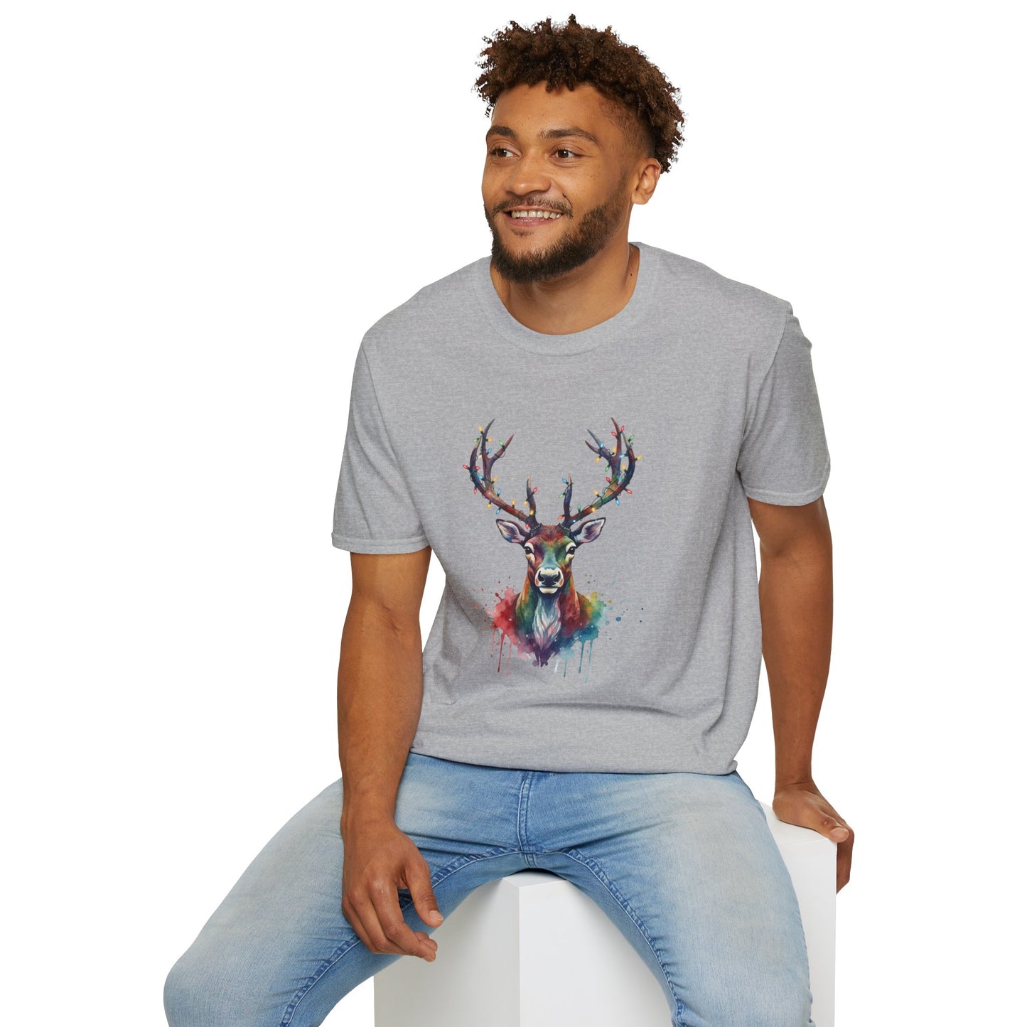 Christmas Deer Shirt, Watercolor Buck T-Shirt, Deer With Christmas Lights Tee, Holiday Wildlife Art Shirt, Colorful Deer Head Xmas Tee