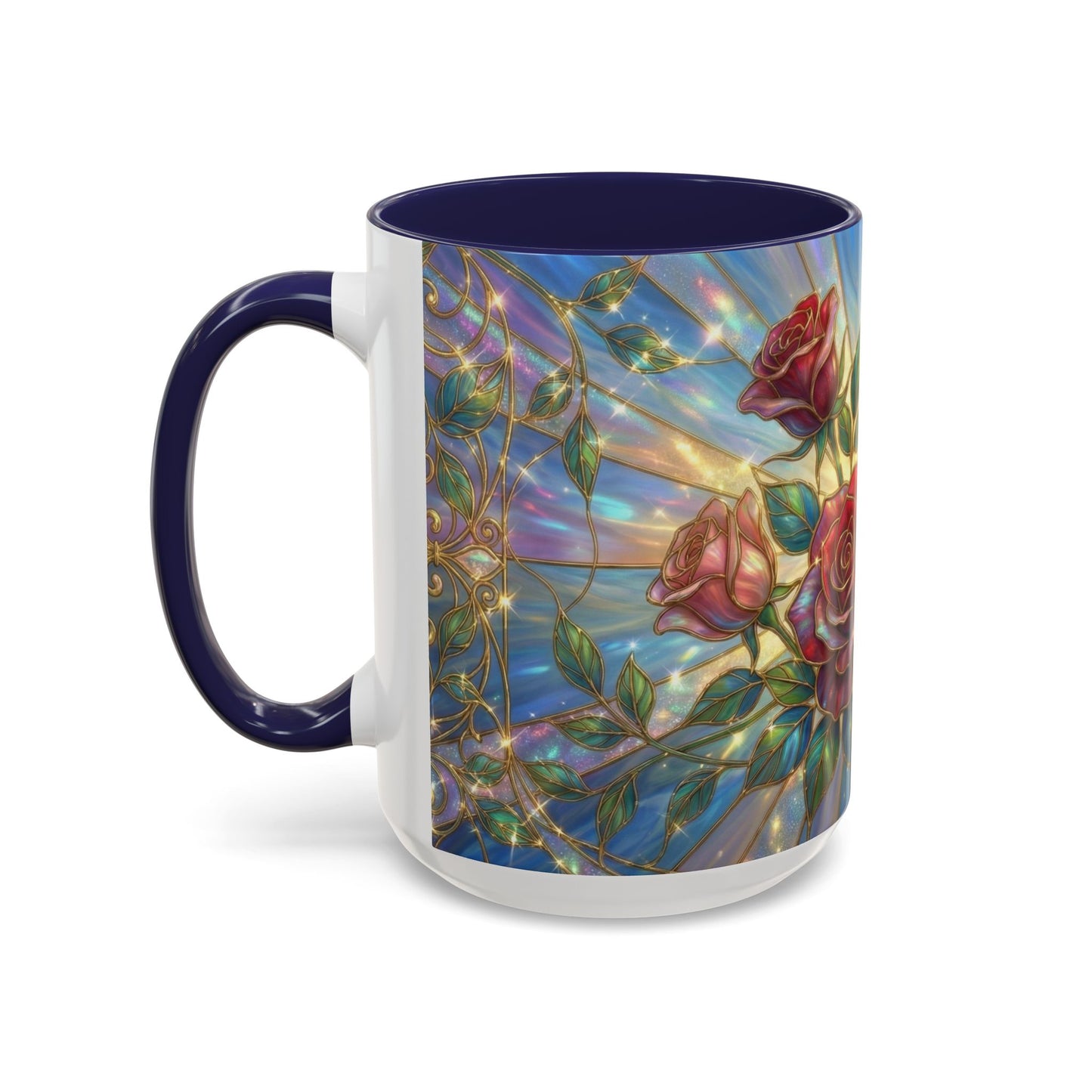 Stained Glass Rose Mug, Floral Art Coffee Cup, Elegant Rose Flower Mug, Blue Gold Glass Style Design, Romantic Gift For Her Decor