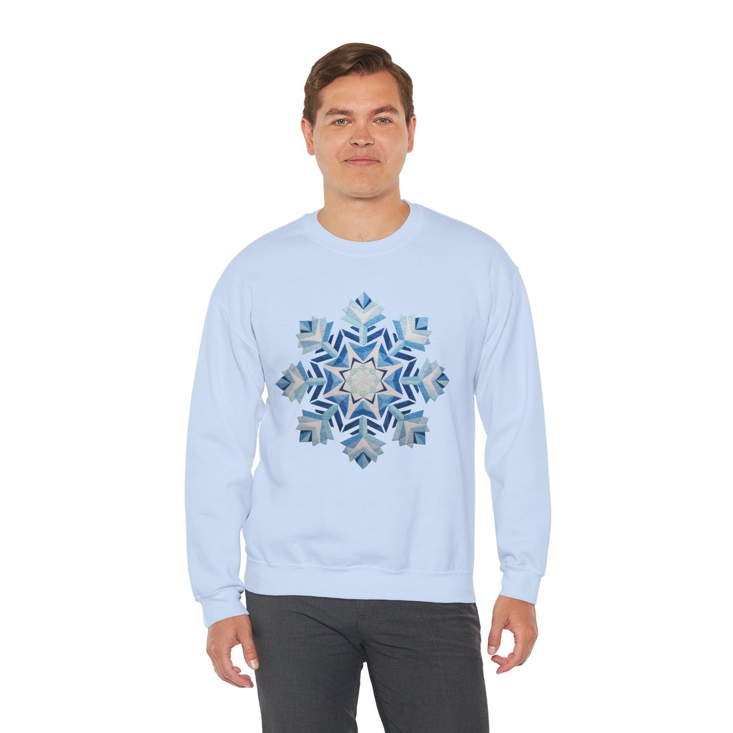 Faux Patchwork Snowflake Sweatshirt, Winter Snowflake Crewneck Unisex, Cozy Holiday Patchwork Sweatshirt, Nordic Snowflake Winter Pullover