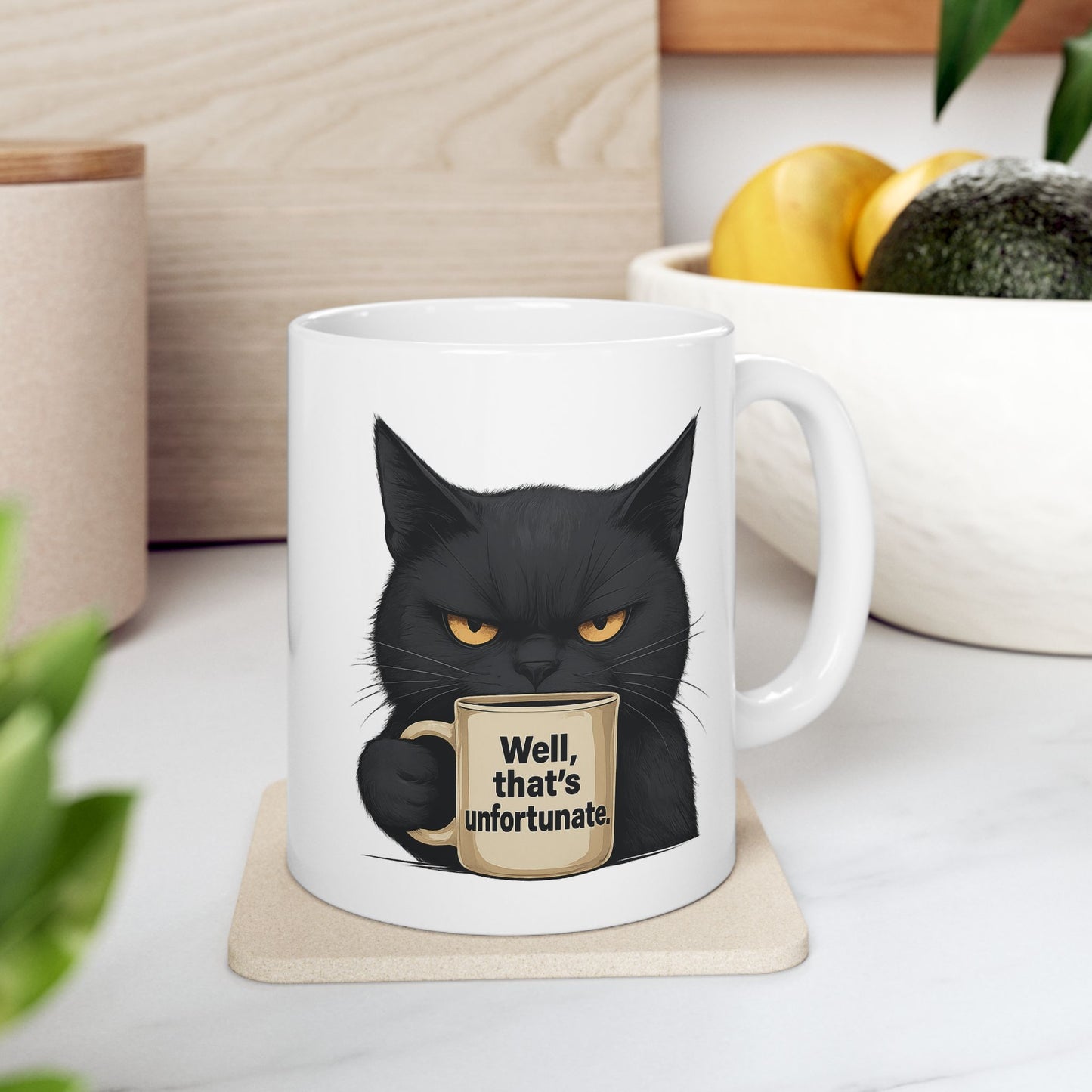 Sarcastic Black Cat Coffee Mug 11 oz or 15oz - “Well, thats unfortunate.” Funny Grumpy Cat Meme Gift, Office Humor, Tea Cup, Sarcasm Lover