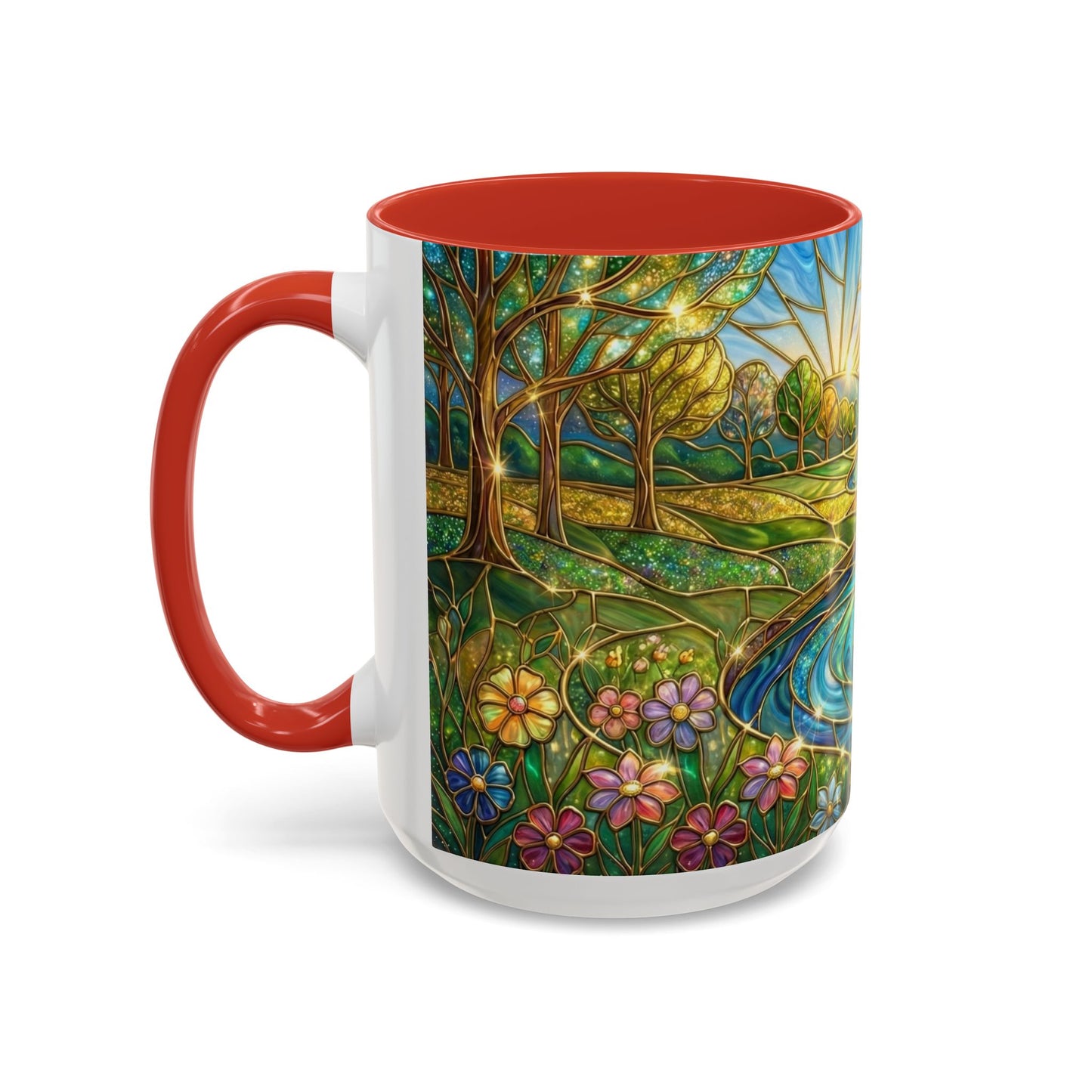 Stained Glass Mug, River Landscape Coffee Cup, Nature Lover Gift, Floral Tea Mug, Gardener Present, Art Teacher Gift, Colorful Scenery Cup