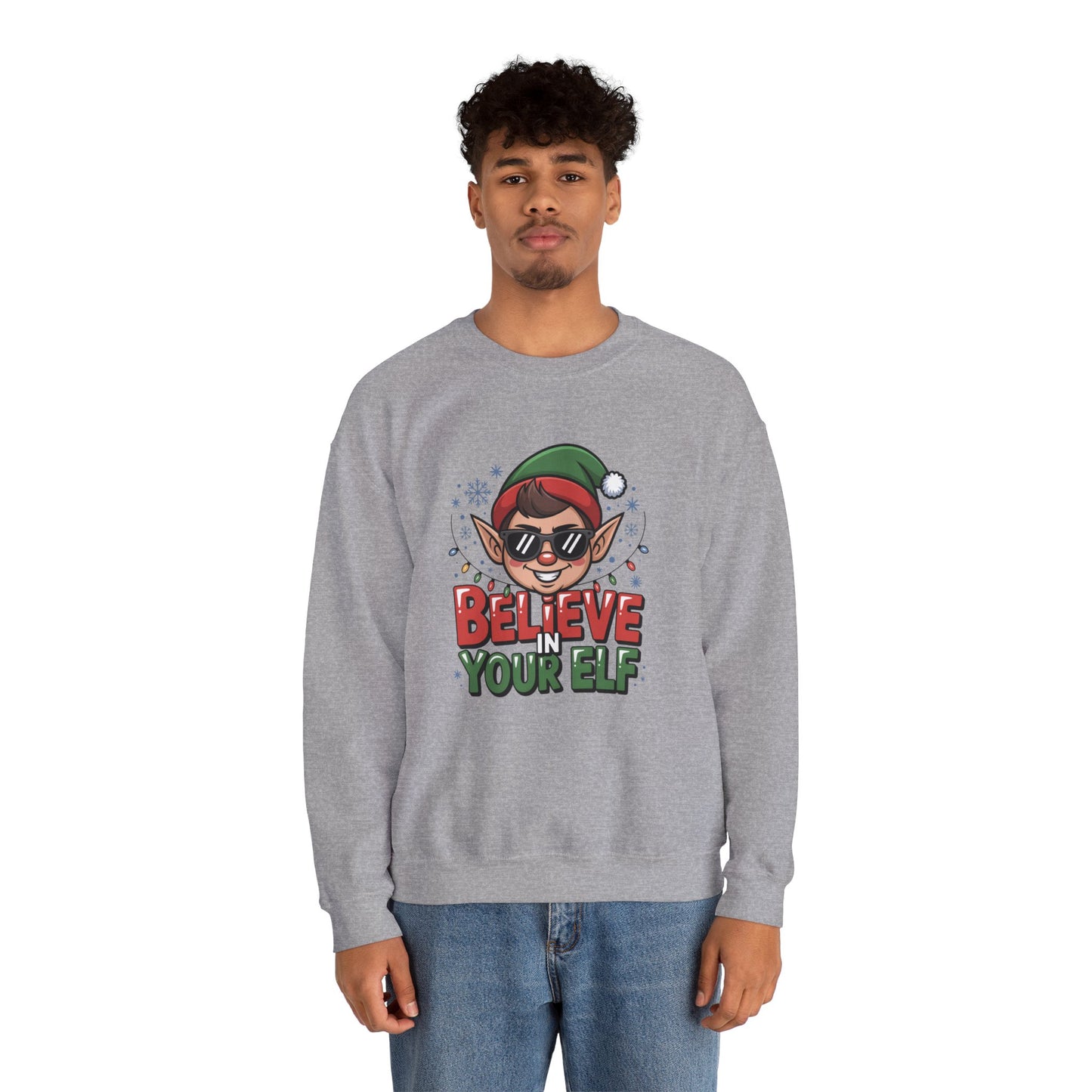 Believe In Your Elf Christmas Sweatshirt, Funny Elf Holiday Sweater, Unisex Christmas Crewneck, Festive Gift For Friends And Family