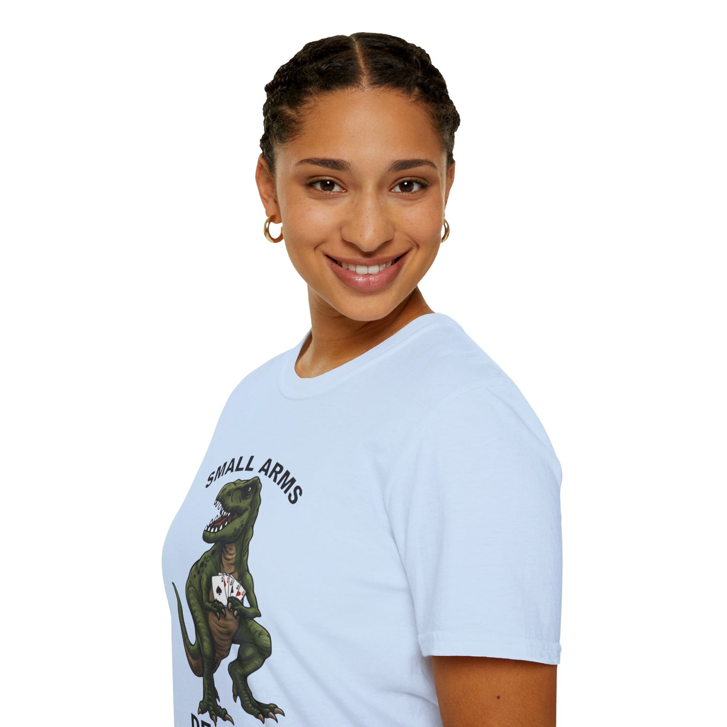Funny Small Arms Dealer T-Rex Shirt, Dinosaur Pun Tee, Hilarious Graphic T-Shirt for Men & Women, Great Gift for Dad, Friend, or Coworker