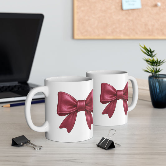 Pink Metallic Bow Mug - Cute Girly Coffee Cup | Glossy Ribbon Design | Gift for Her | Aesthetic Desk Mug | Feminine Ceramic Tea Mug