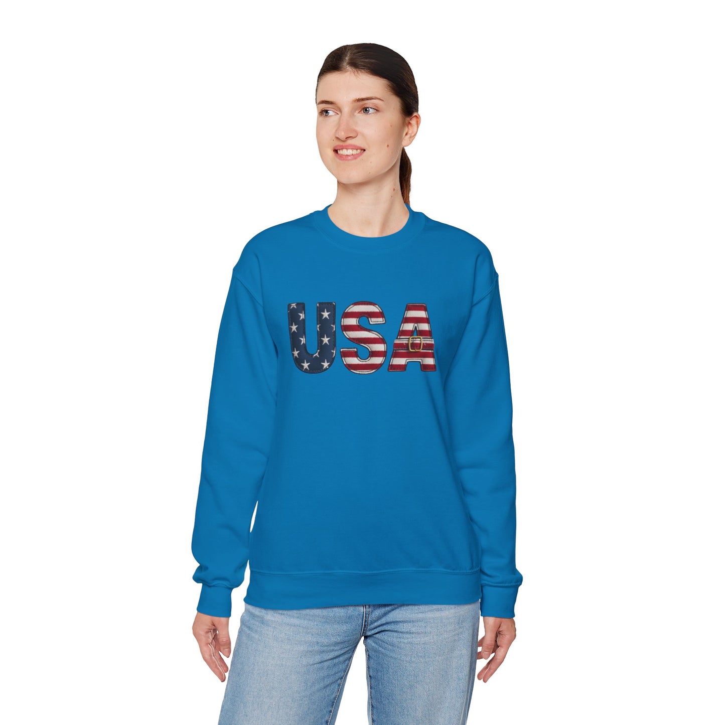 Faux Patchwork USA Sweatshirt, Patriotic Quilt Style Top, Rustic Americana Crewneck, 4th of July Shirt, Country USA Sweater, Vintage Flag Top