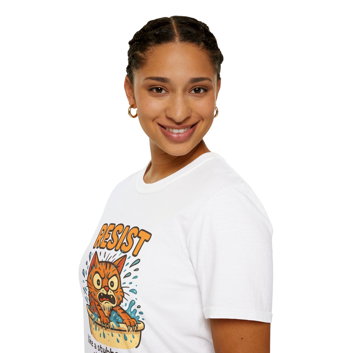 Resist Like A Stubborn Cat At Bathtime Funny Cat Lover Graphic Tee - Quirky Self Care Shirt - Gift For Pet Moms, Dads and Humor Fans