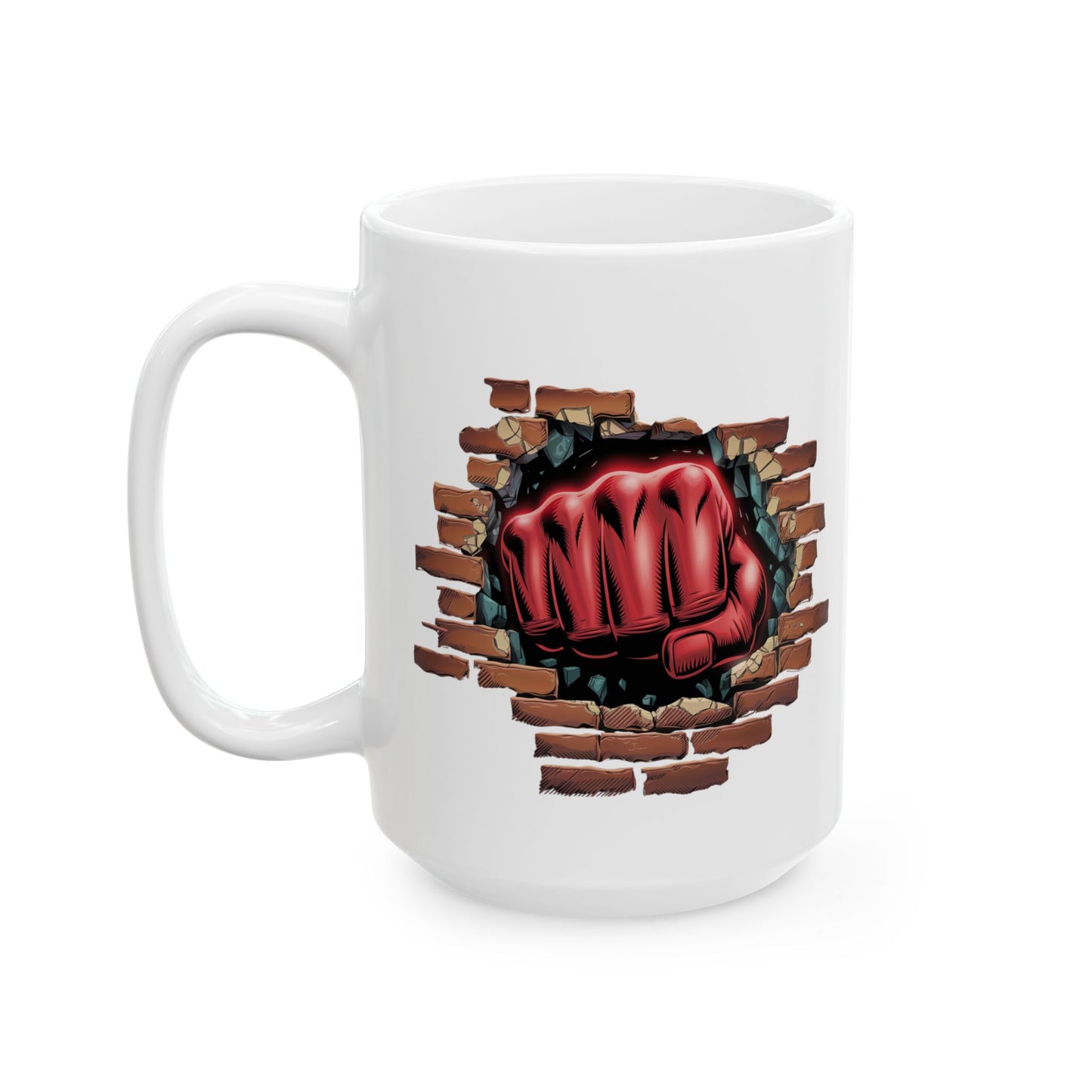 Red Fist Breaking Through Brick Mug – Bold Graphic 11oz or 15oz Ceramic Coffee Cup – Edgy Statement Gift for Him or Her, Cottagecore & Galaxy Aesthetic