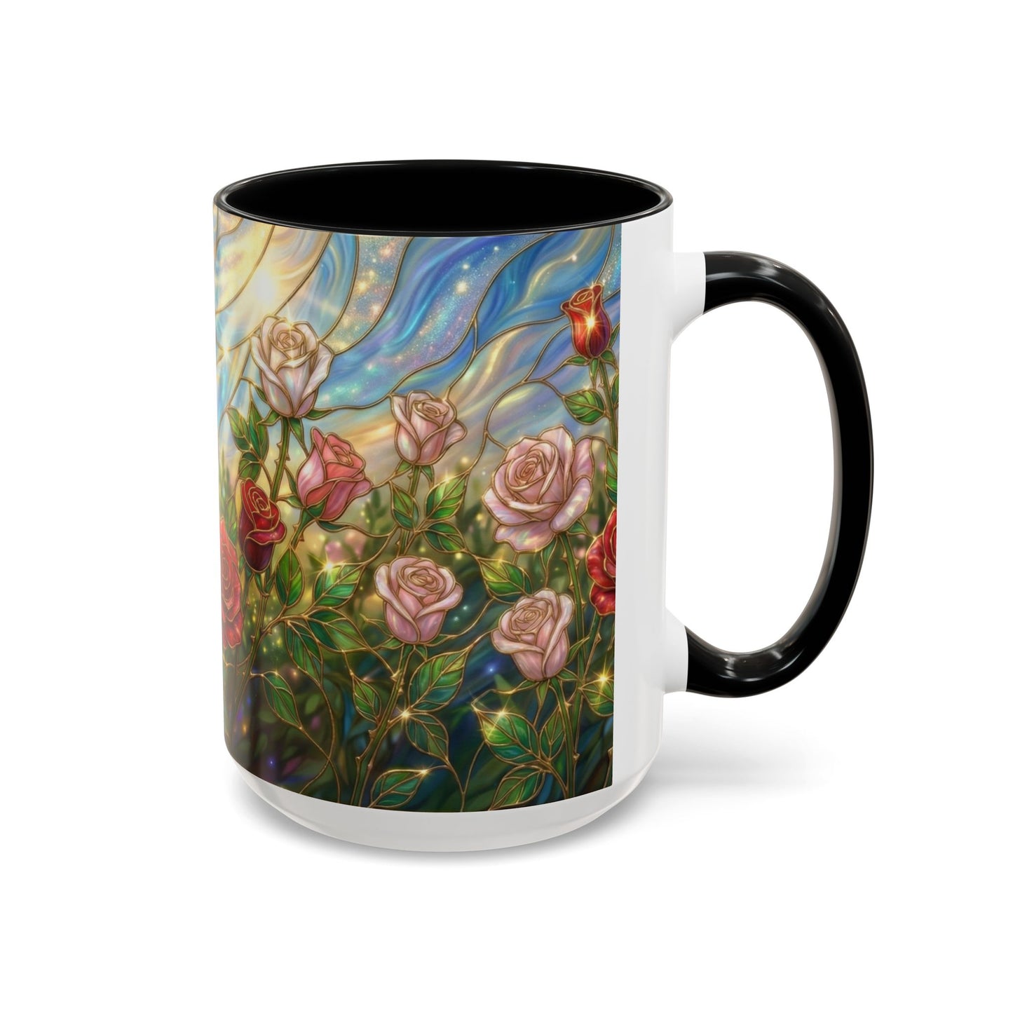 Stained Glass Rose Garden Mug, Floral Rose Coffee Cup, Elegant Flower Mug, Blue Green Gold Glass Style Design, Romantic Gift For Her