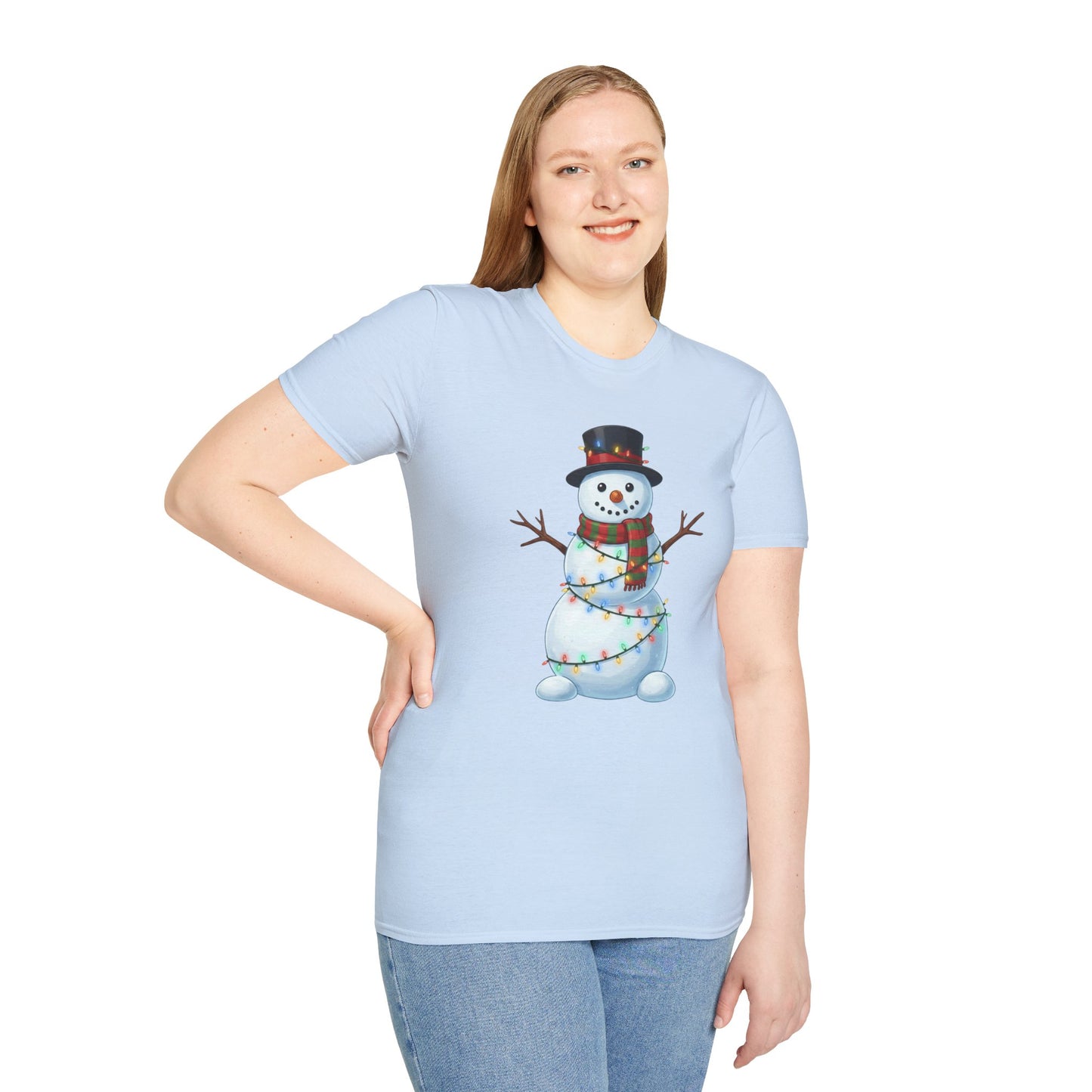 Cute Snowman Christmas Shirt, Snowman Wrapped in Christmas Lights Tee, Holiday Winter Snowman Top Hat Shirt, Funny Cozy Christmas T Shirt