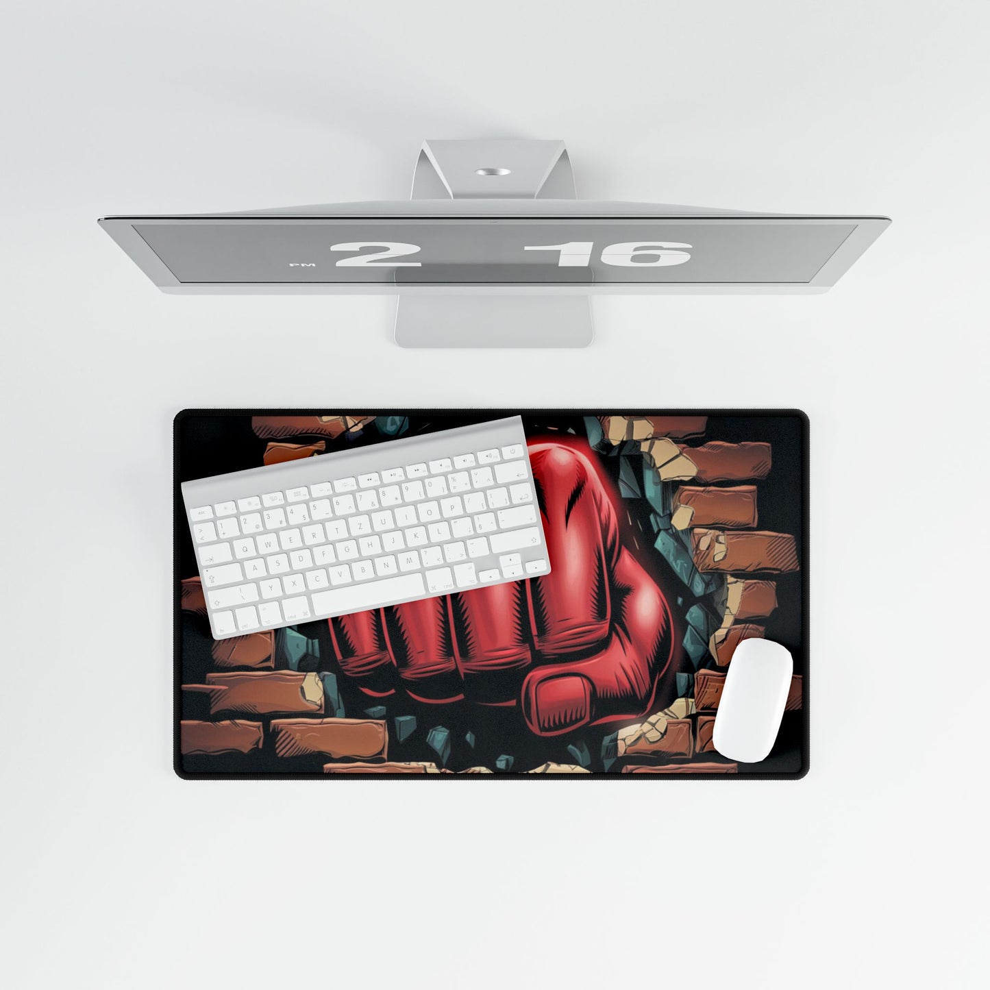 Desk Mat - Red Fist Punching Through Wall Design