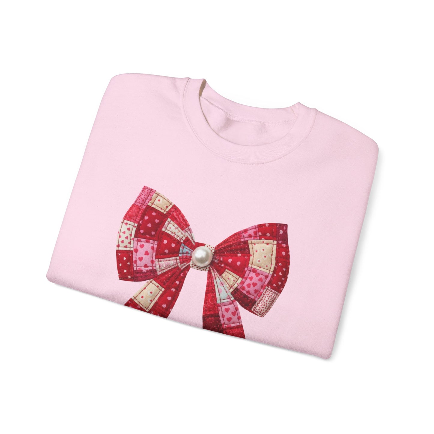 Faux Patchwork Bow Sweatshirt, Quilted Look Bow Crewneck, Pearl Center Bow Pullover, Cozy Coquette Sweatshirt, Girly Gift